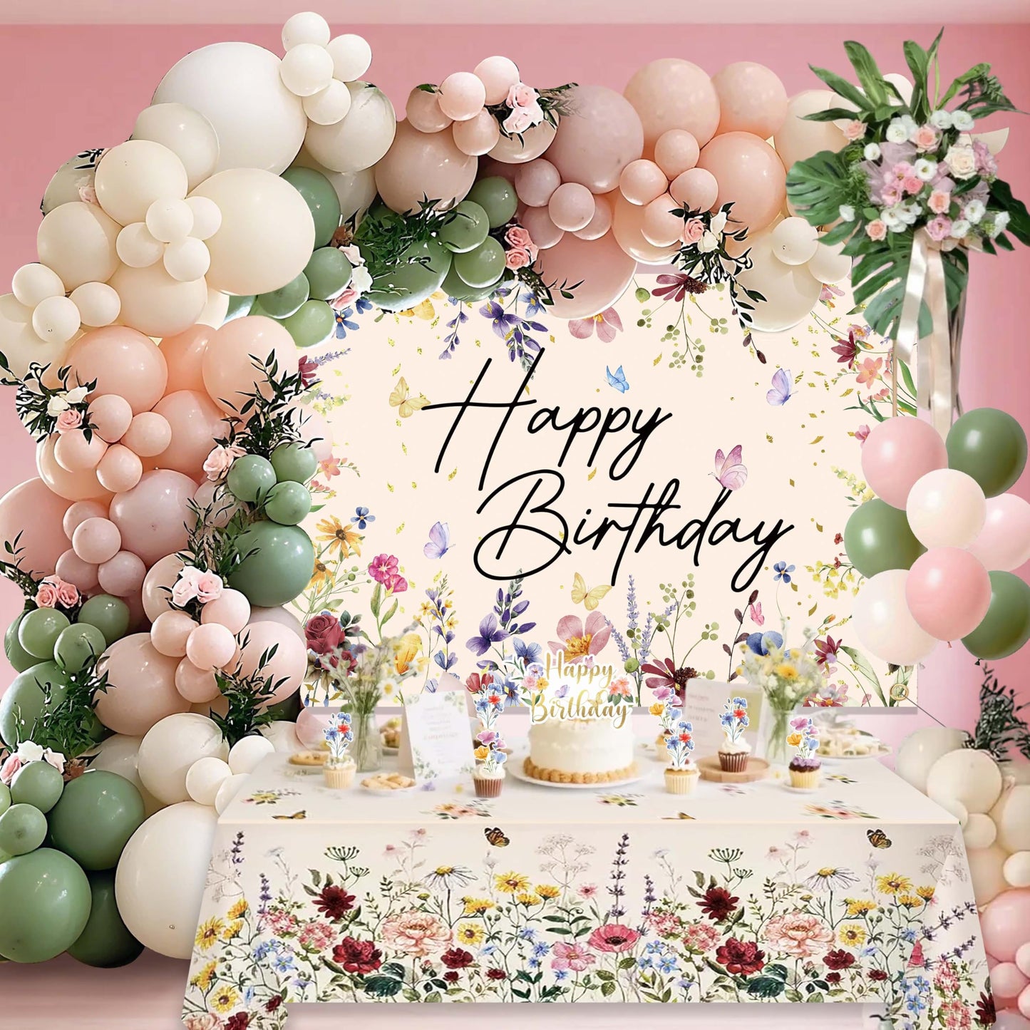 Wildflower Birthday Decorations for Women Girls, Sage Green Dusty Pink Balloon Arch Garland Kit with Floral Happy Birthday Backdrop, 12 Cupcake Toppers, Boho Spring Garden Party Supplies