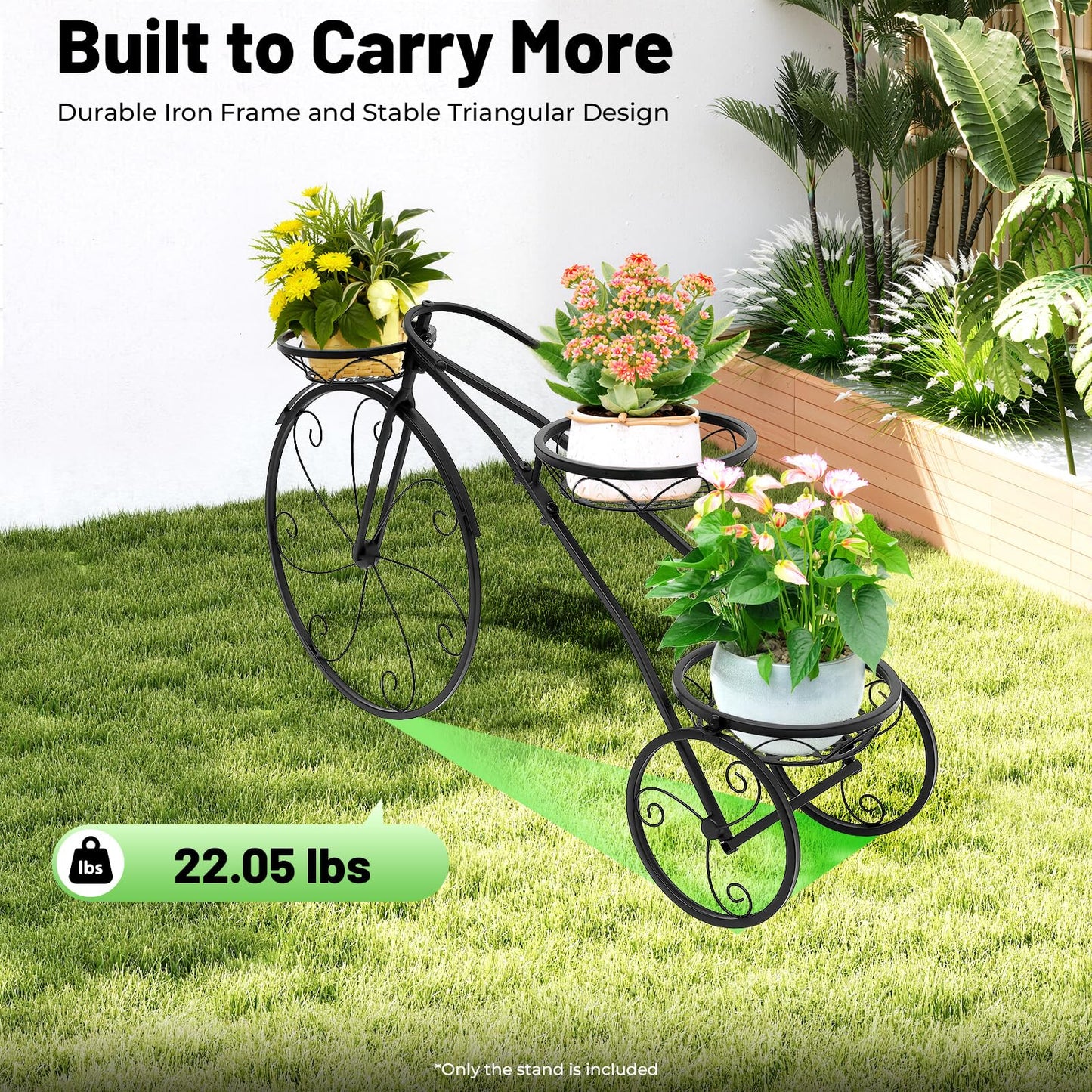 APOUDM 3 Tier Metal Bicycle Planter Large Bike Shaped Flower Stand 82x24x51cm Metal Plant Stand Freestanding Multi-Tier Plant Rack Flower Display Stand Cart for Living Room Balcony Patio (Black)