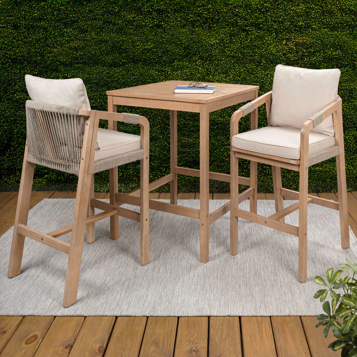 JONATHAN Y DNG2005A-3SET Porto Modern Coastal 3-Piece Acacia Wood Outdoor Square Table Bar Set with Cushions for Patio, Garden, Lawn, Backyard, Pool, Deck, Beige/Light Teak