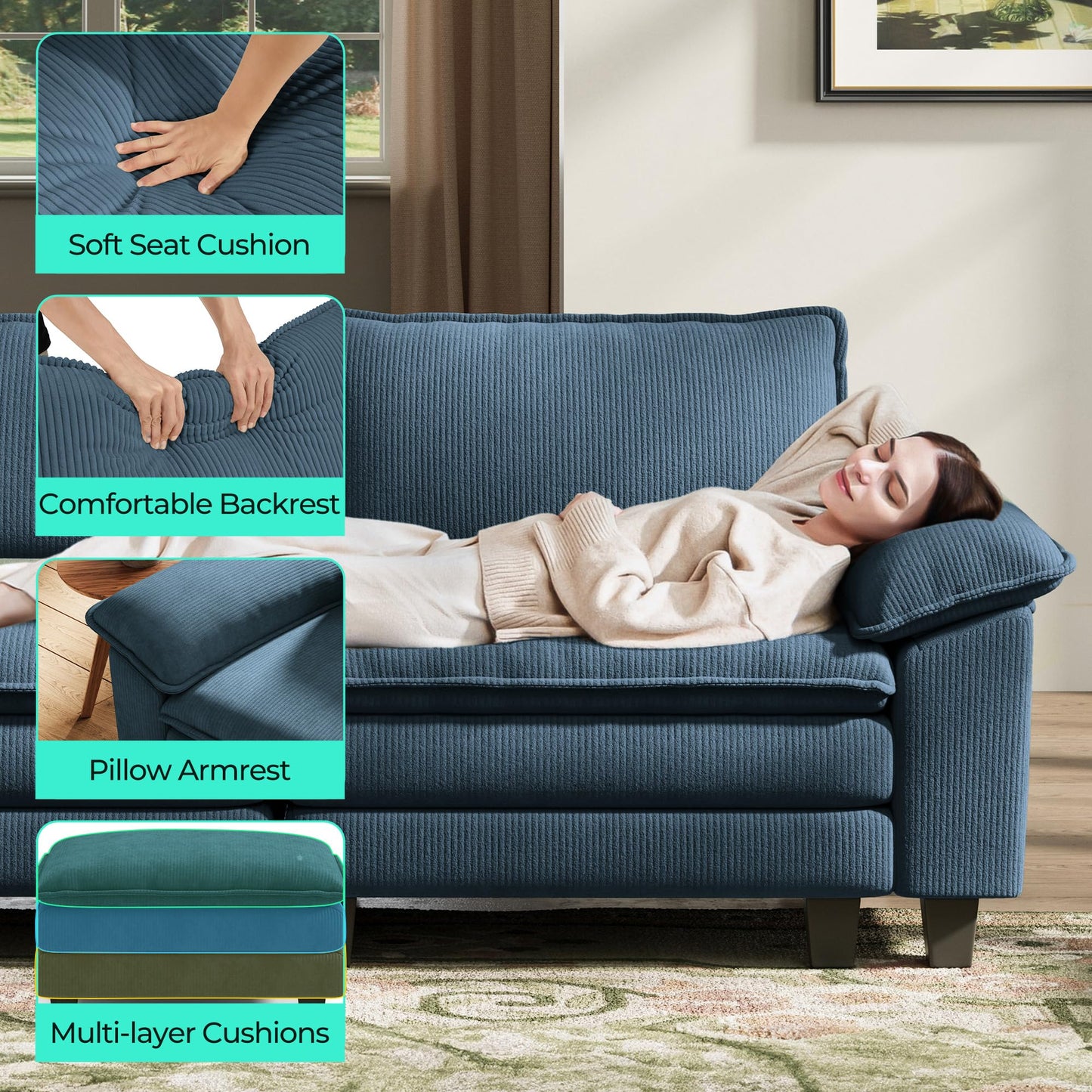 LINSY HOME Modular Sectional Sofa - 123 Inch Oversized Corduroy Cloud Couch with Movable Ottoman Soft Modern Comfy Sofa Set for Living Room Apartment Office, Blue