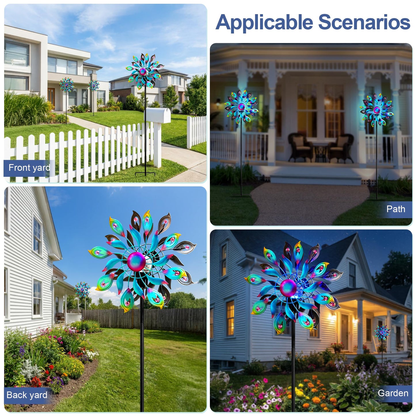 360°Peacock Solar Wind Spinner with Lights Blue Metal Garden Outdoor Decor Yard Lawn Art Decor for Patio Kinetic Windmills Unique Gifts for Friends and Family 51.9' H x 12.2'' Dia