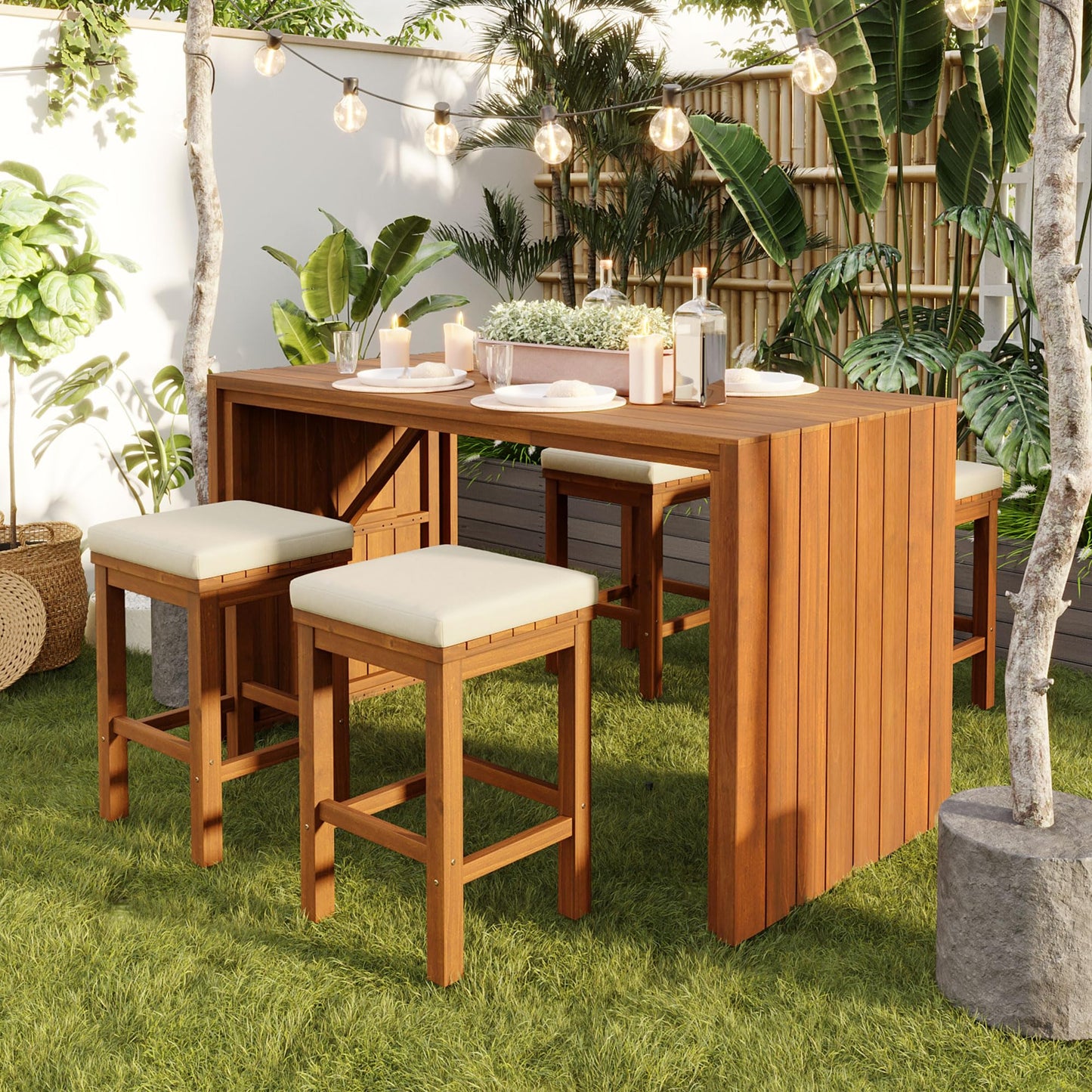 Merax 5 Piece Outdoor Acacia Wood Dining Table Bar Set, Patio Acacia Wood Bar Height Table & 4 Stools with Cushions, Wood Dining Bar Set for Backyard, Poolside, Balcony, Beige Cushion + Natural Wood