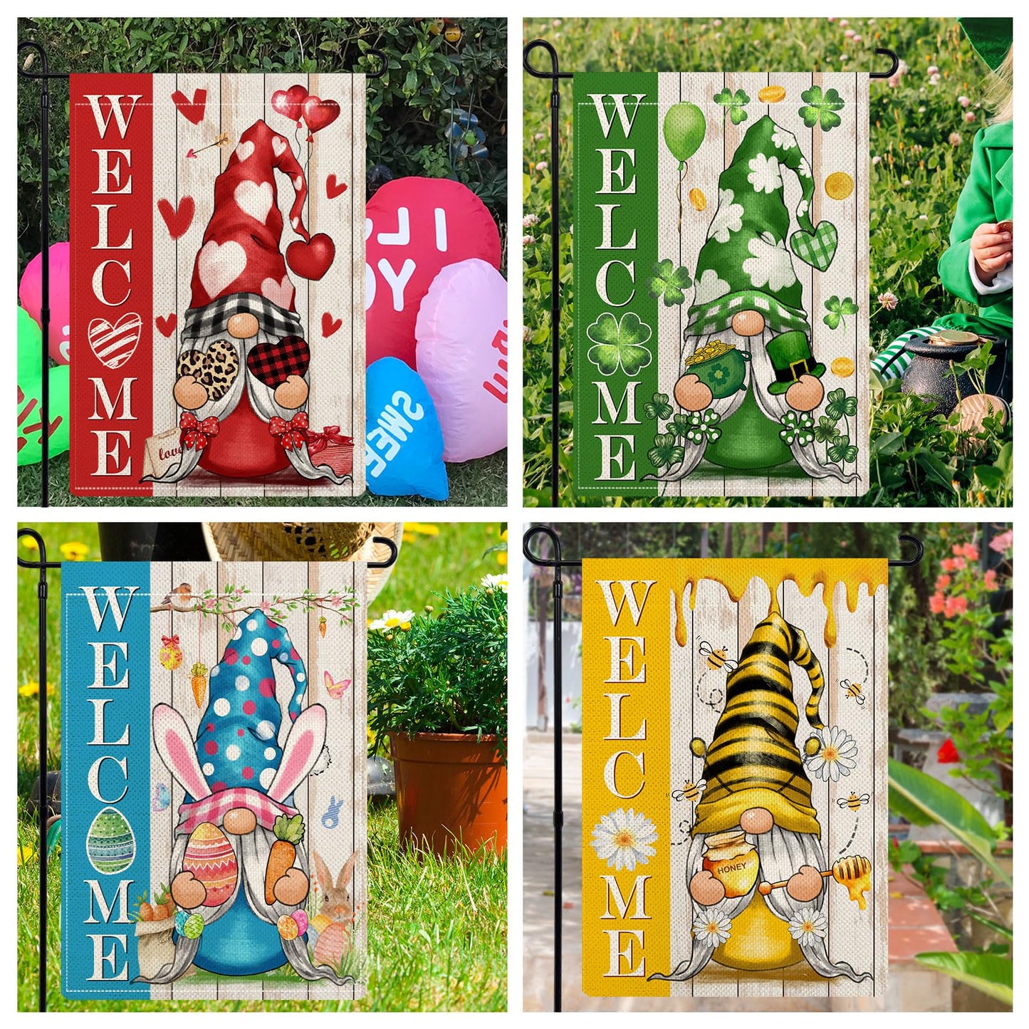 YOVOYOA Gnome Garden Flags for Outside Set of 12, Welcome Seasonal Garden Flags 12x18 Double Sided, Gnomes Holiday Lawn Flags, Gnome Winter Spring Outdoor Garden Flag for Yard Farmhouse Decor