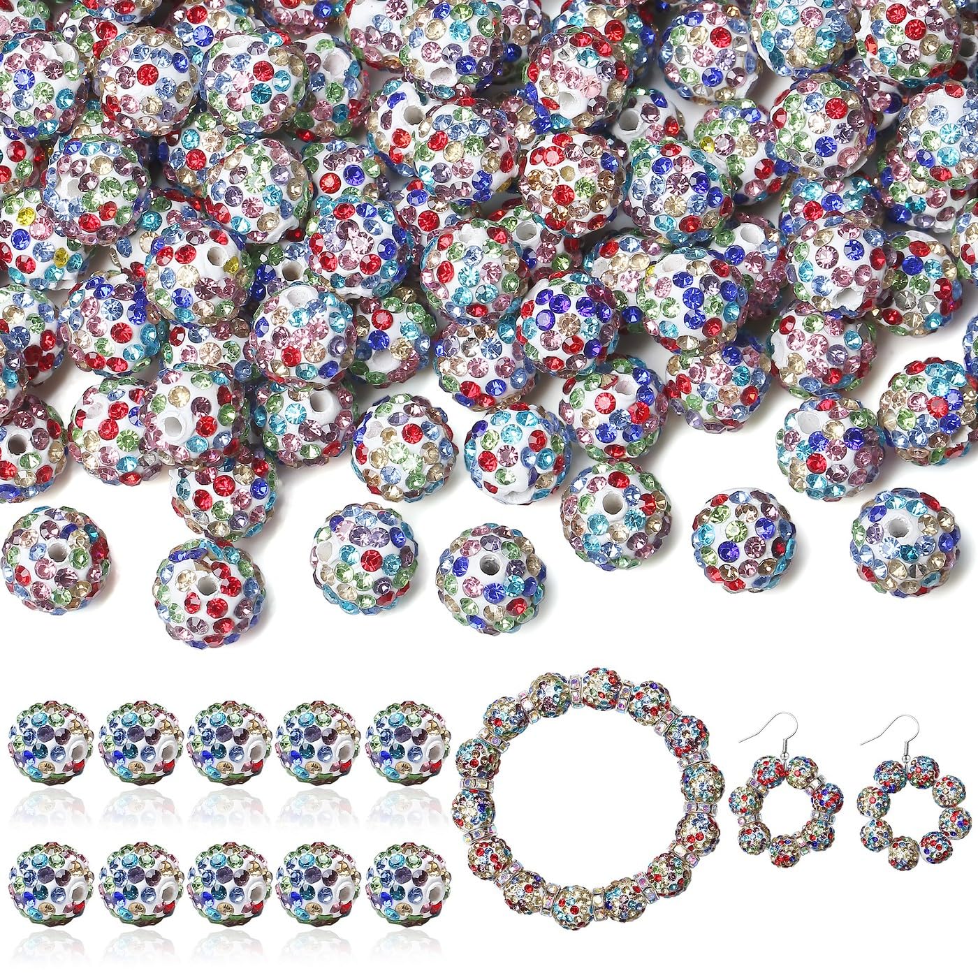 LAIDANLA 120pcs 10mm White Mixed Rhinestone Beads Baseball Beads for Crafting, Shiny Round Shamballa Disco Beads, Sparkle Crystal Clay Bead Bulk for Bracelet Necklace Making
