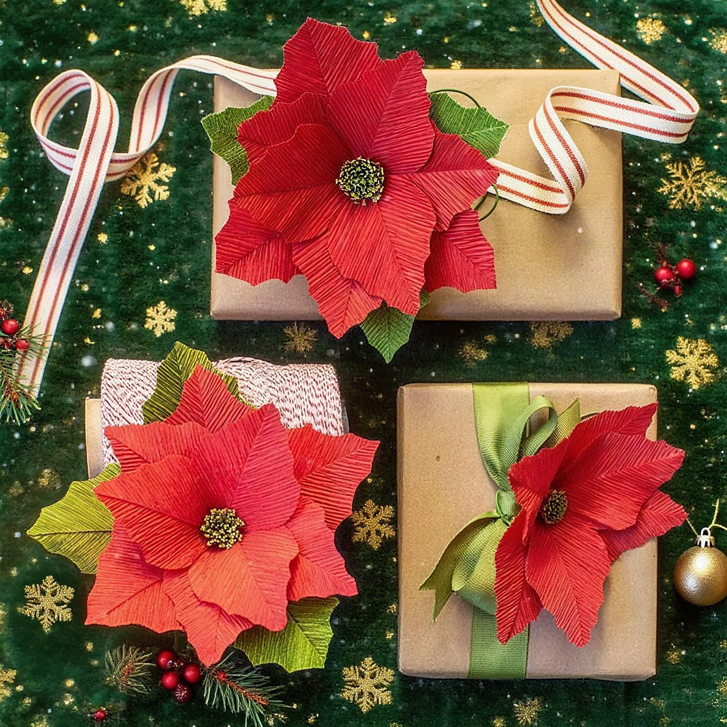 Handmade Poinsettia Christmas Flowers Decoration, Crepe Paper Poinsettia Flower with Clips Christmas Tree Artificial Flower Decorations with Stems for DIY Xmas Wreath Holiday Party Home Wall Decor