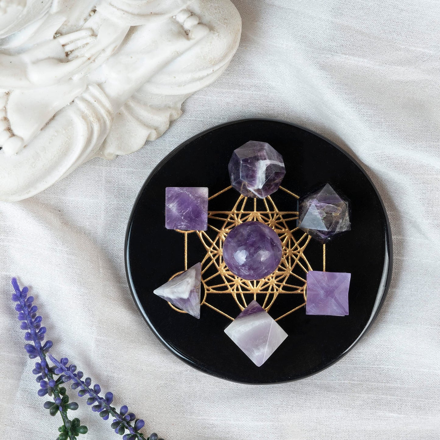 Crocon Amethyst 7 Pcs Platonic Sacred Stones Geometry Set for Chakra Stone Balancing Reiki Healing Spiritual Good Luck Home Office Decor Size: 15-20 mm