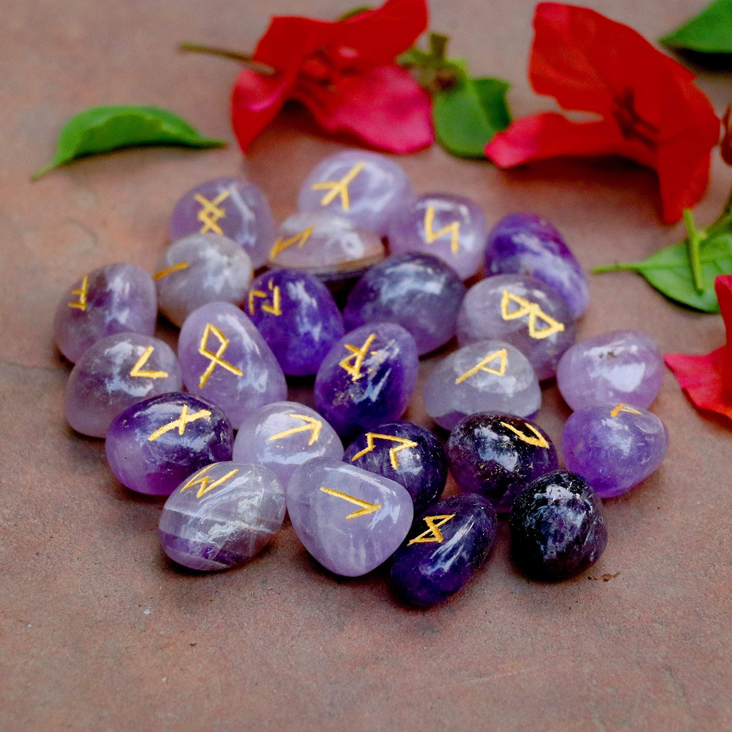 Crocon Amethyst Gemstone Rune Stones Set with Elder Futhark Alphabet Engraved Symbol 25 pcs Set for Feng Shui Chakra Balancing Reiki Healing Crystal Runes Stones Set Size: 15-20 mm