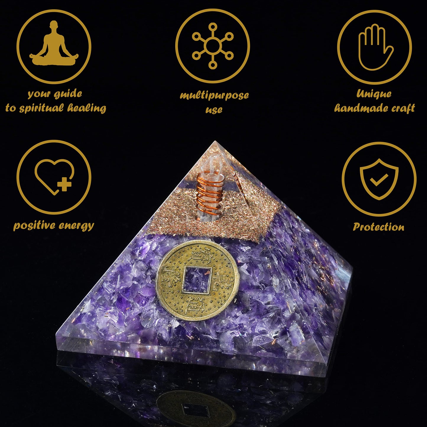 "55mm orgone pyramid Amethyst protection crystals reiki supplies healing stones, organite pyramid for good luck gift for women men gemstone crystal chakra charm orgone generator orgonite collection"