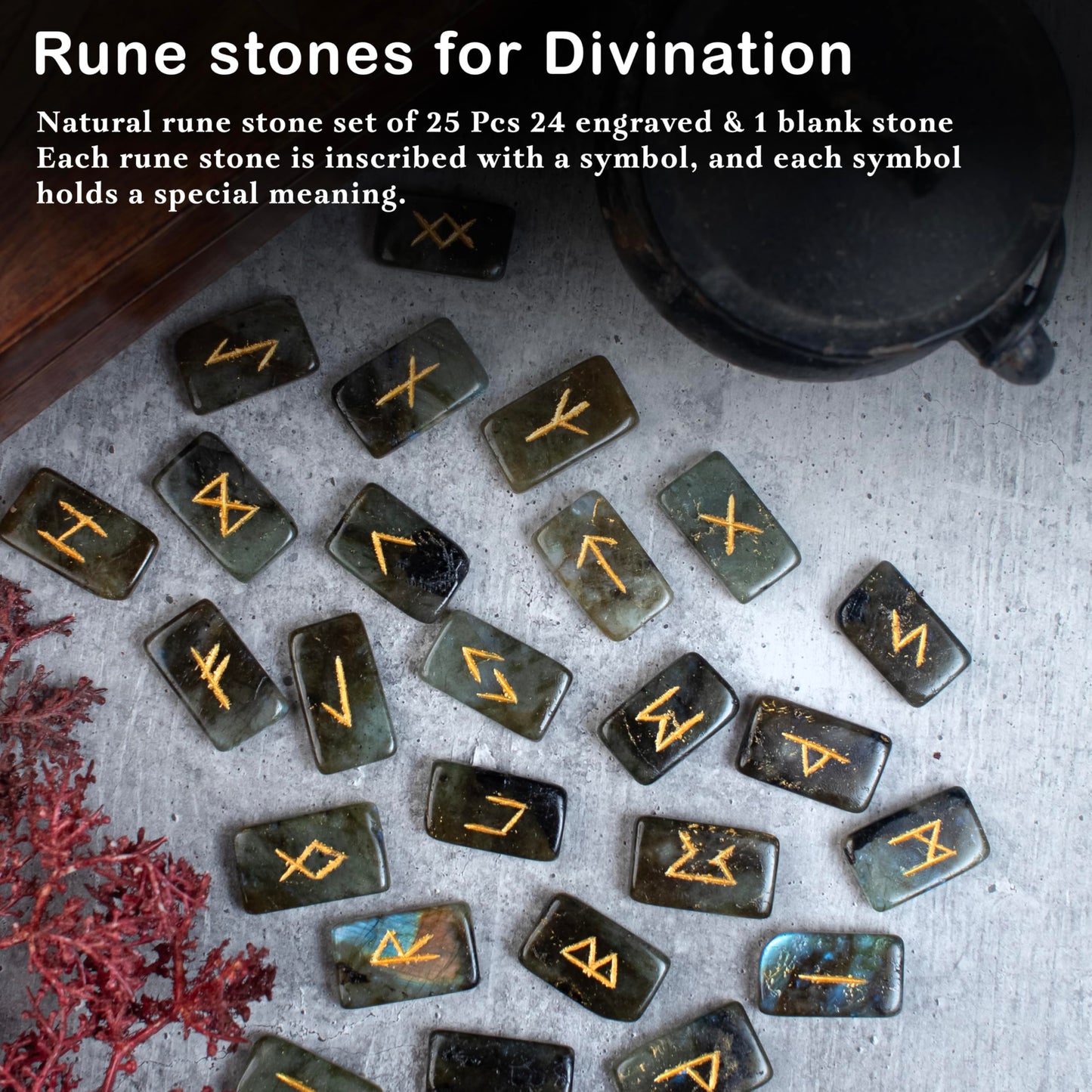 Crocon Labradorite Rectangle Shape Gemstone Rune Stones with Elder Futhark Alphabet Engraved 25 pcs Rune Set Crystal Divination Metaphysical Healing Chakra Reiki Runes Set with a Pouch Size: 21-26mm