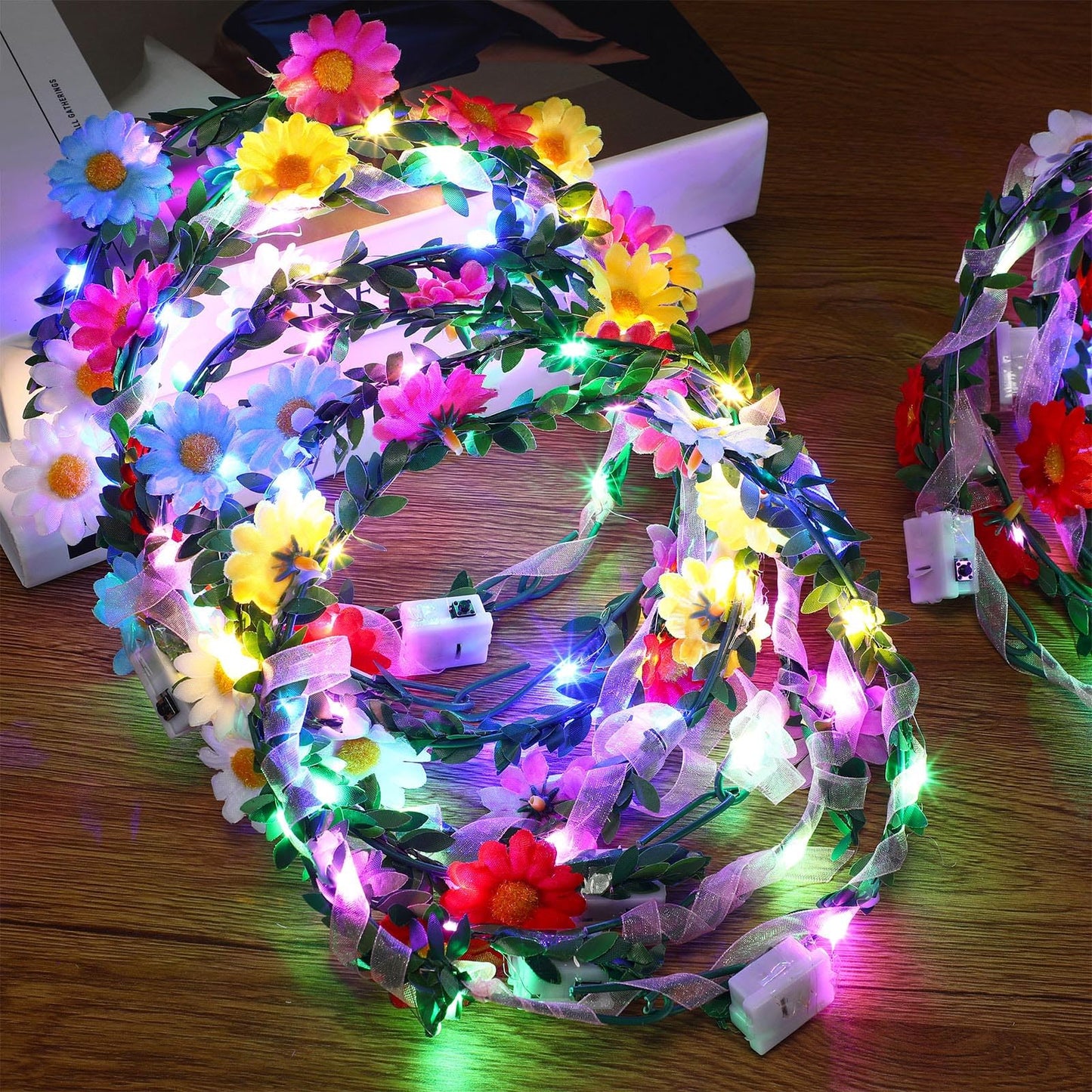 Syhood 40 Pcs LED Flower Headband, Light up Flower Crown Garland Headdress Floral Headpiece for Women Hair Accessories Bridal Shower Mother's Day Holiday Birthday Wedding Party(Sunflower Style)
