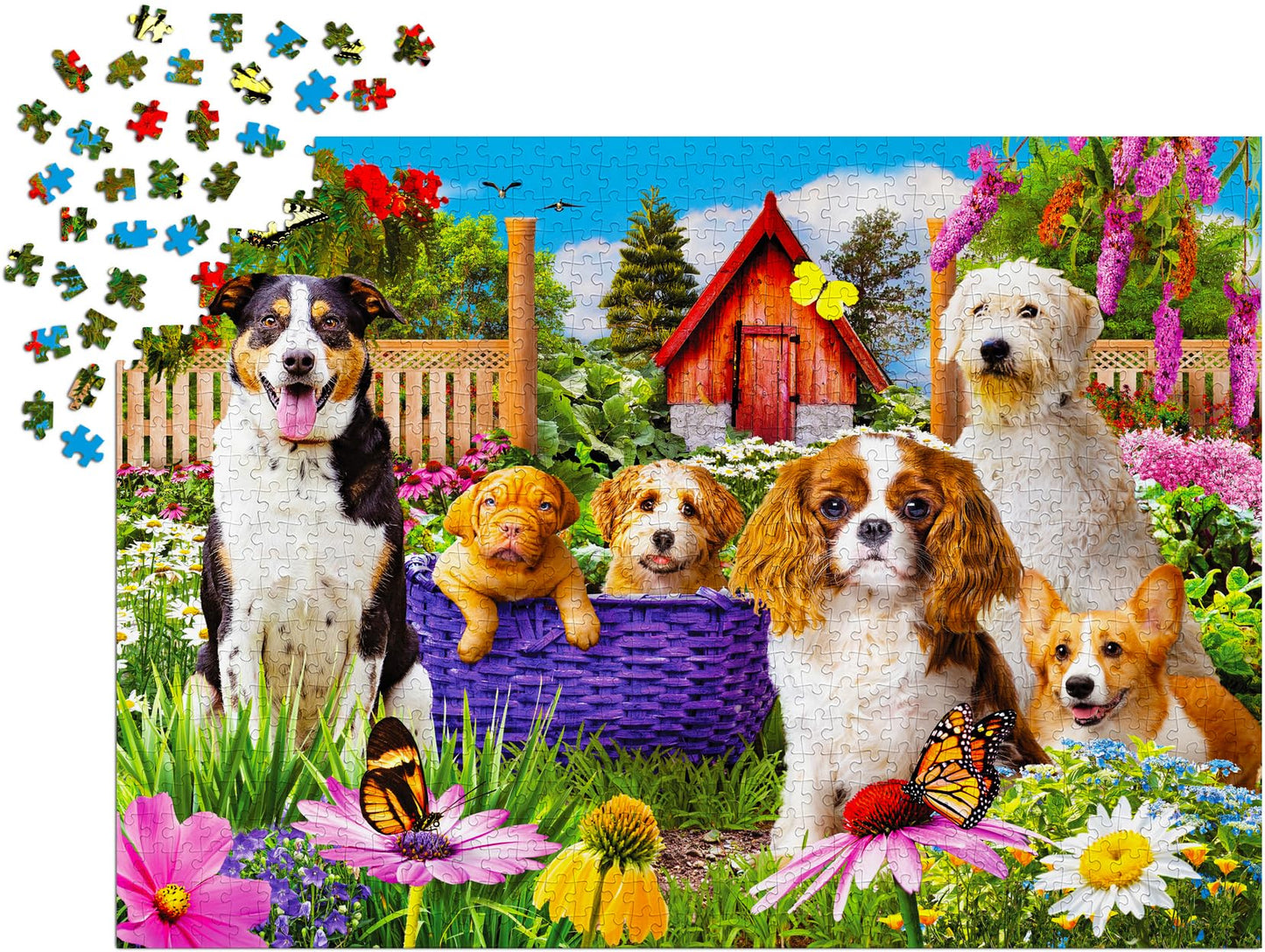 1000 Piece Jigsaw Puzzle for Adults - Colorful Dogs & Puppies in Flower Garden, Matte Anti-Glare, Unique-Shape Pieces, Sturdy 2mm Board, 27x19 in Gift for Women | Enjoy Complete-Set Guarantee