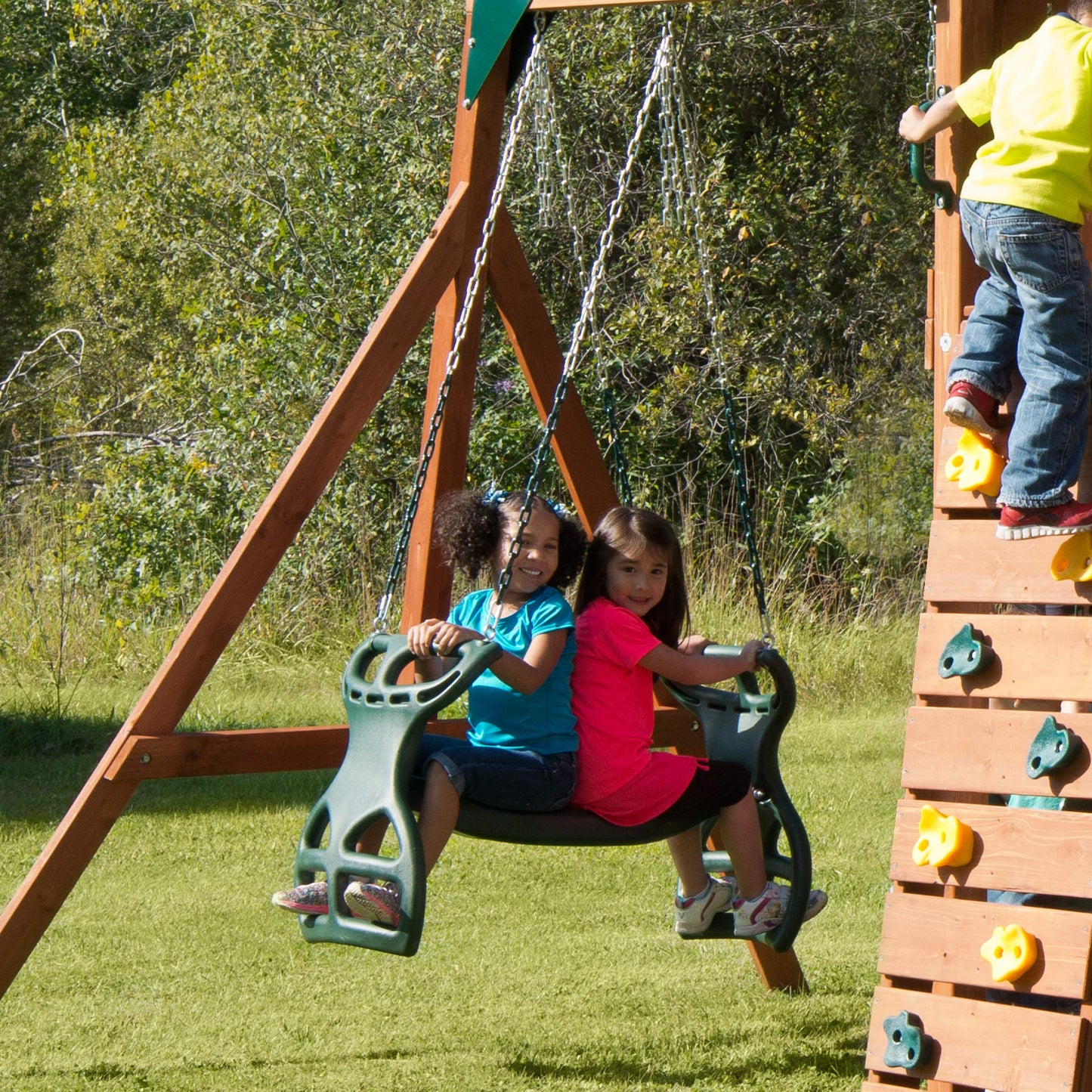 Gorilla Playsets 04-0037-G Dual Ride Glider Back-to-Back Tandem Swing, Green, Green Plastic Coated Chains, Multi-Child Swing