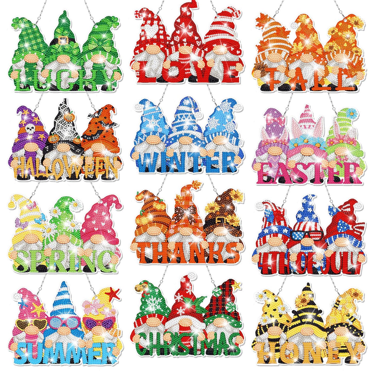 GlikCeil Gnomes 12 Pcs Seasonal Diamond Art Hanging Ornaments 5d DIY Diamond Painting Wreath Kits for Wall Door Decor Holiday Year-Round Seasonal Signs for Home Decoration