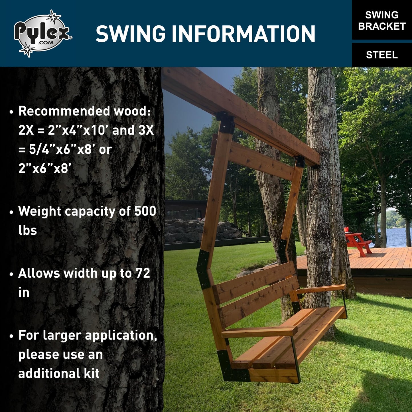Pylex Swing Brackets for Chair, Outdoor Patio Swings, Wooden Porch Bench, Heavy-Duty Steel DIY Kit - 500 lbs - Steel Bracket Only