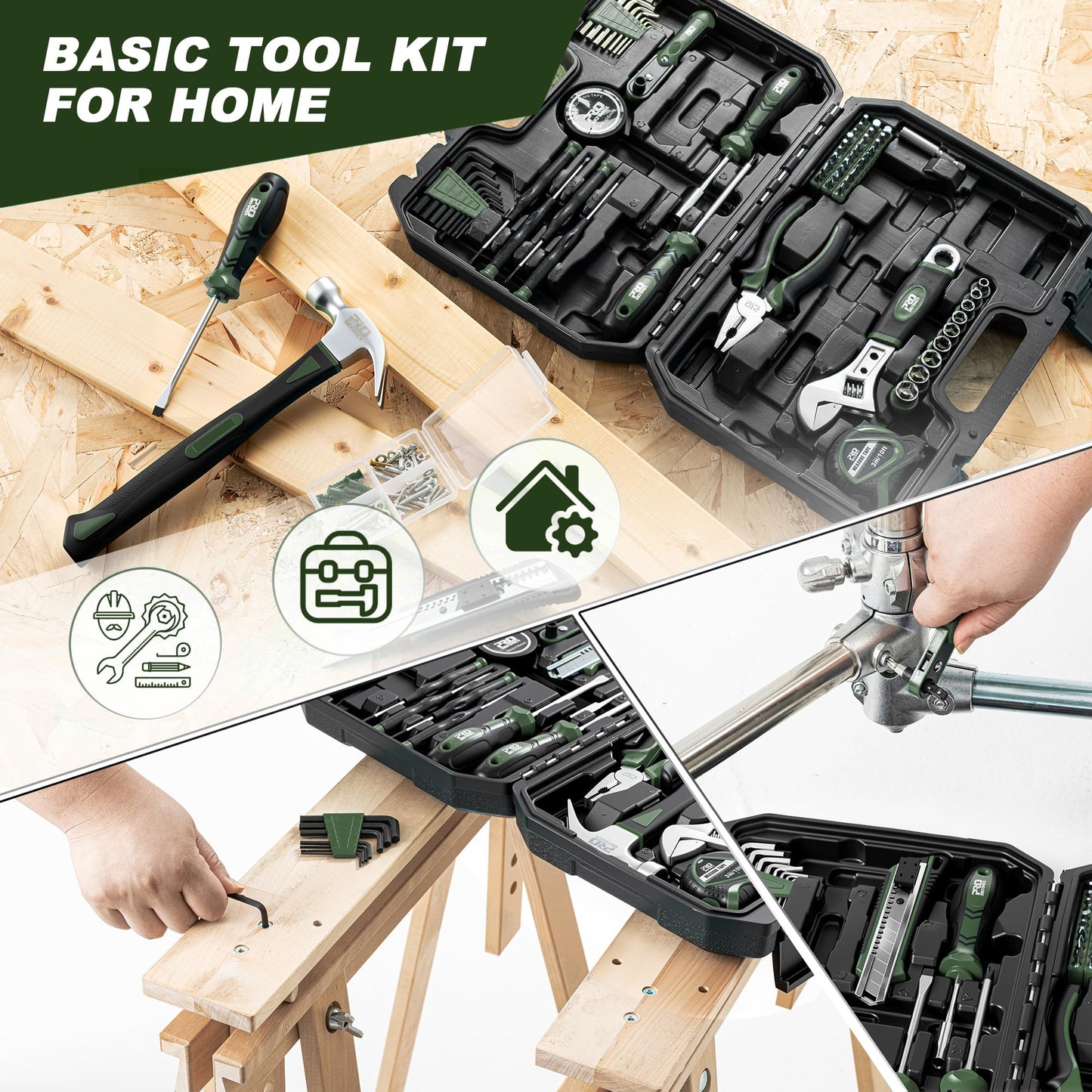 Prostormer 160-Piece Home Repair Tool Set, General Household Hand Tool Kit with Toolbox Storage Case for House, Garage, College Dorm and Office (Green)