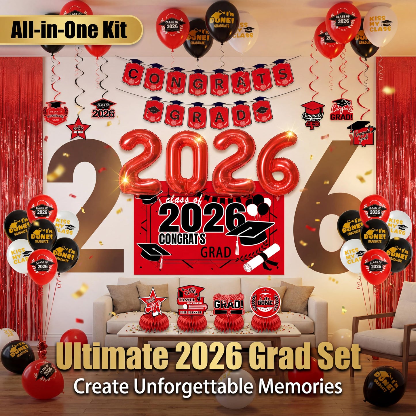 Graduation Party Decorations 2026–Black Red Grad Banner, Class of Backdrop, Balloons, Fringe Curtains and Foil Balloon, Streamers Kit–Complete Graduation for High School & College Celebrations (Red)