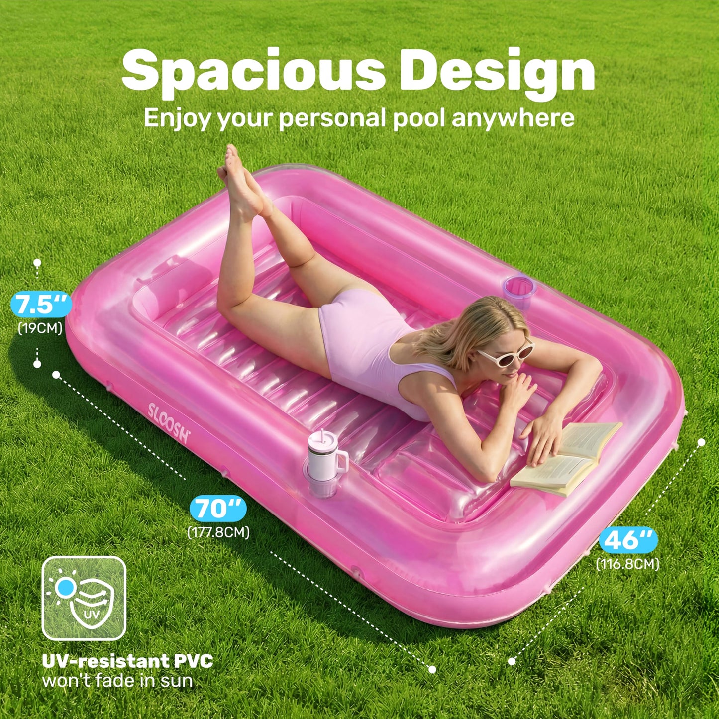 SLOOSH Inflatable Tanning Pool Lounger Float, 70" x 46" Pool Floats Adult with Pillow, 4 in 1 Suntan Tub Raft Floatie,Sunbathing Bed Lounge for Water Blow Up Kids Ball Pit Party Gifts, L-Pink