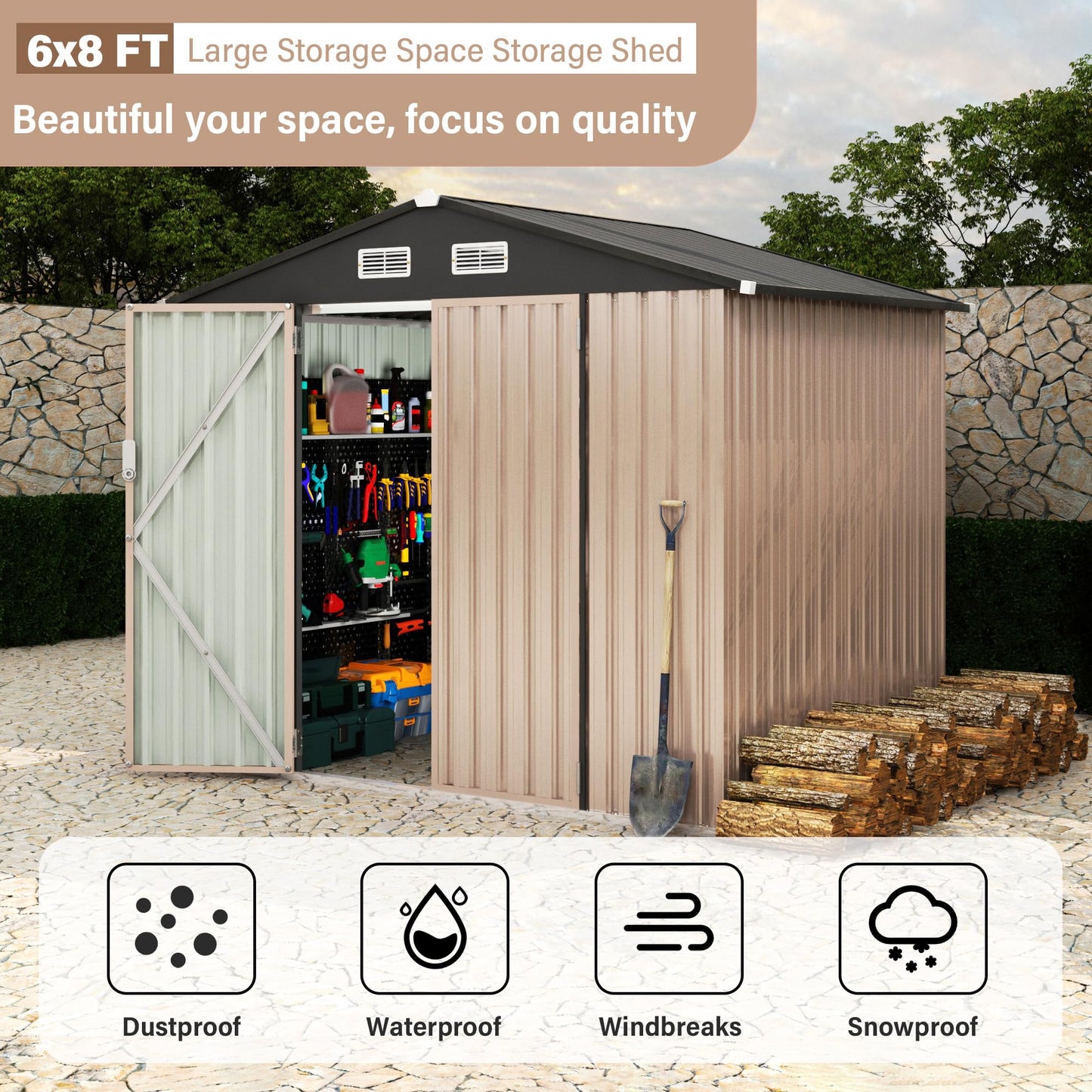 8x6ft Heavy Duty Outdoor Storage Shed, Metal Tool Shelter with Lockable Doors, Air Vents, Large Weatherproof Utility Building for Backyard Patio Lawn – Wind & Rain Resistant, UV Protection