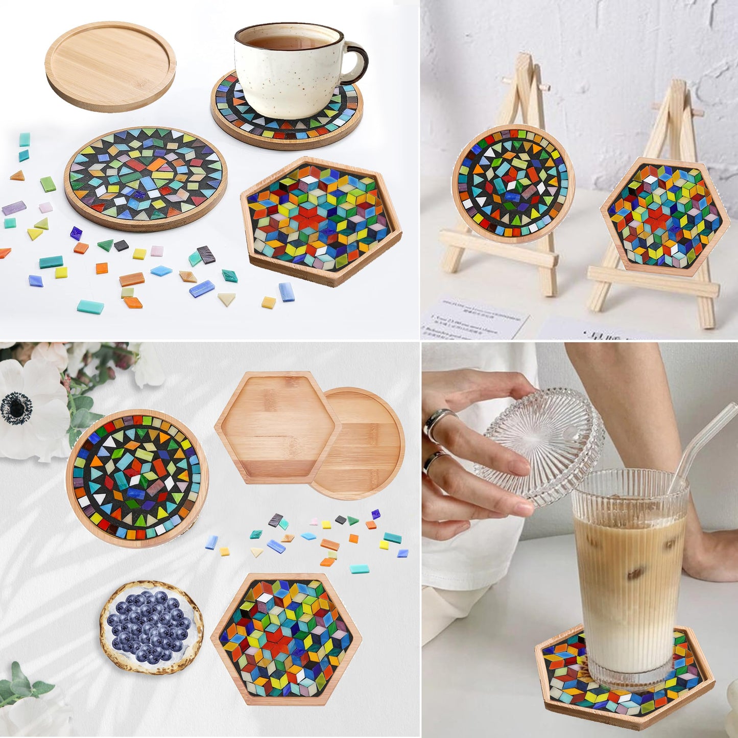 Nuyoach DIY Mosaic Tiles Crafts Kits for Adults, Mixed Stained Glass Mosaic Kit with 2 PCS Wooden Coaster Making Materials Package,Mosaic Adult Crafts for Women Beginners Handmade Home Decor Gifts