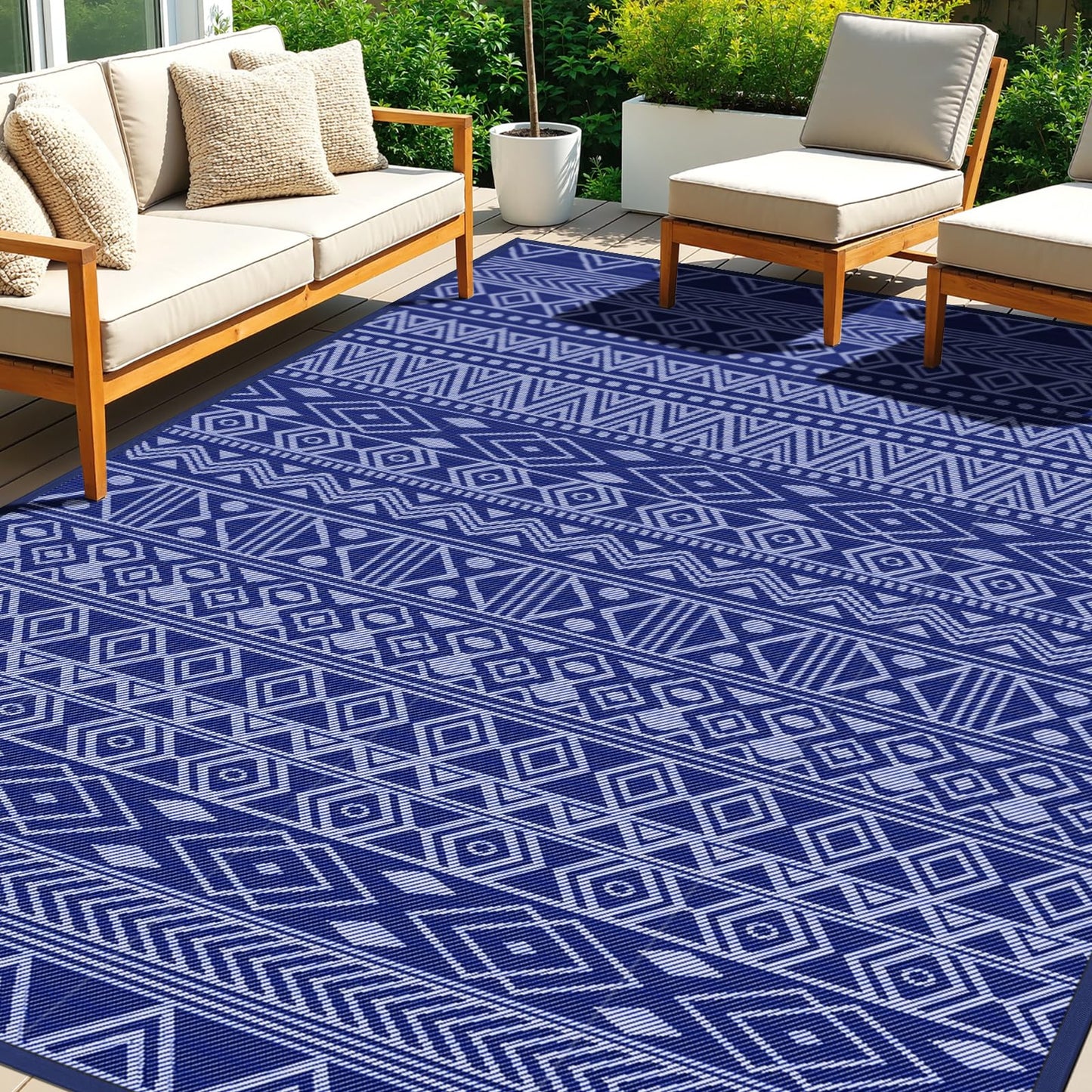 StepTastic Outdoor Rug 5x8 ft Waterproof, Reversible Plastic Straw Rug, Patio Rug, Outdoor Area Rug for RV Camping, Porch, Deck, Balcony, Backyard, Picnic, Beach, Garden, Camper, Blue & White