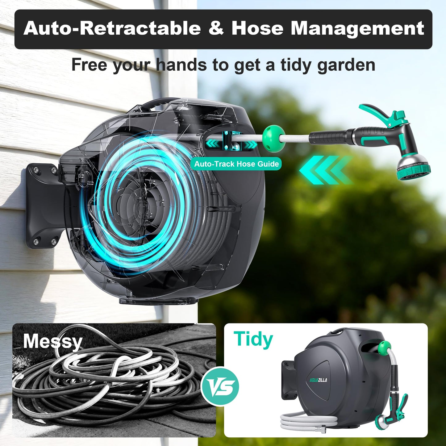 Retractable Garden Hose Reel, 65FT +6FT 5/8" Durable Wall Mounted Water Hose Reel with 180° Swivel Bracket, 9 Pattern Sprayer, 6Ft leader hose,Smooth Automatic Rewind, Any Length Lock.