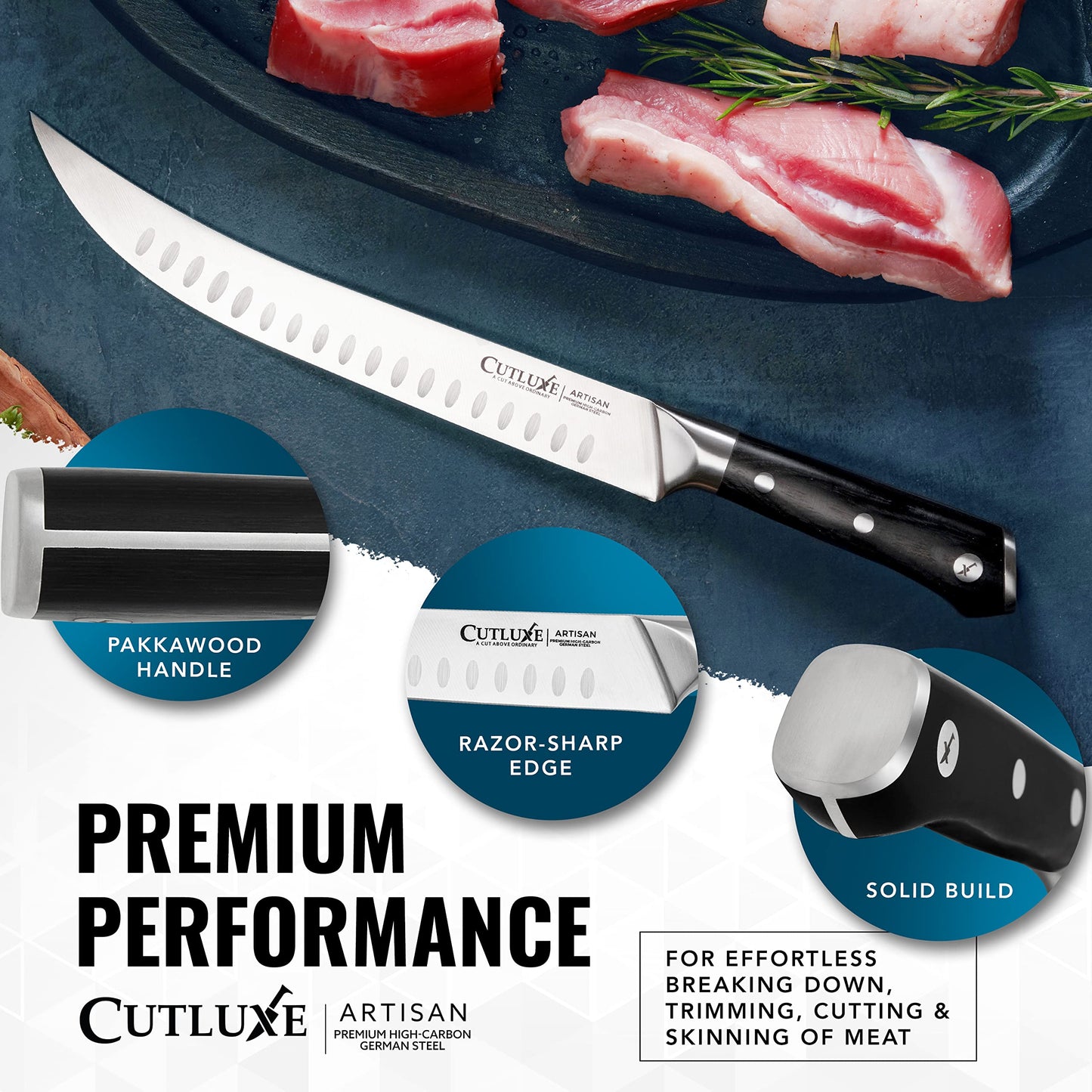 Cutluxe Butcher Knife – 10″ Cimeter Breaking Knife, Razor Sharp Forged High Carbon German Steel, Full Tang Meat Carving Knife, Ergonomic Handle Design, Grilling Gifts for Men – Artisan Series