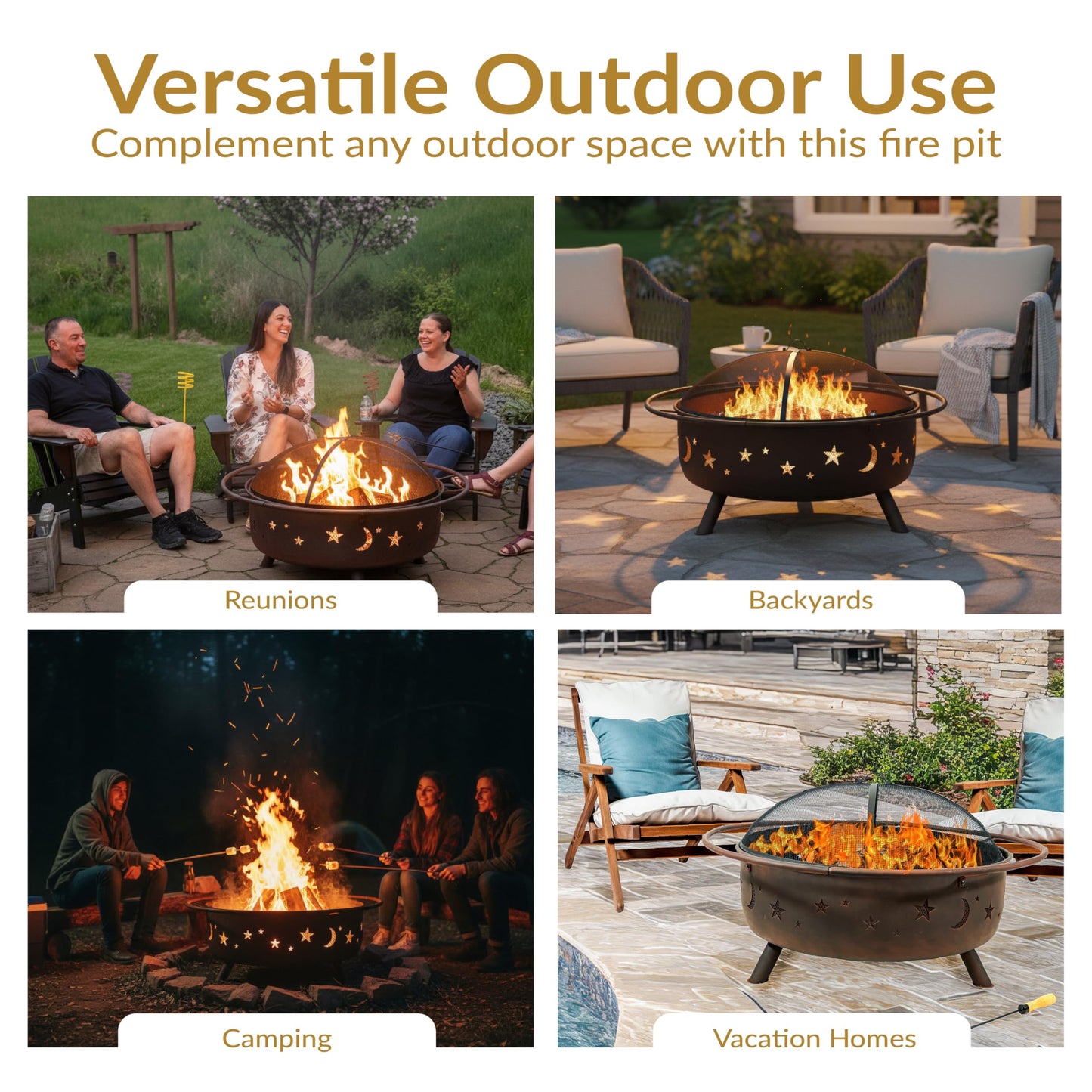 Sunnydaze Cosmic 42-Inch Large Outdoor Fire Pit - Wood-Burning Fire Pit with Round Spark Screen, Poker, and Built-in Grate