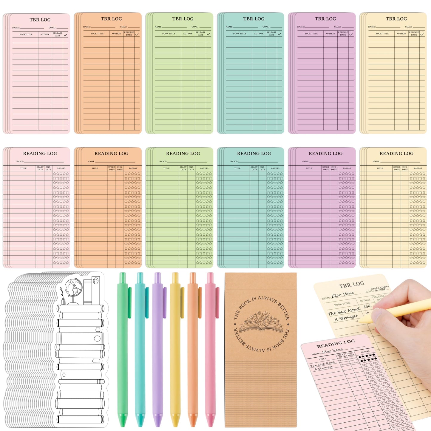 L1rabe TBR Cards Bookmark Set - Back to School 48P Reading Log TBR Cards for Reader Bookish Bookworm Gift, 72P Color Your Own Bookmarks Reading Pocket Pens for Students Teacher Women to Review Tracker