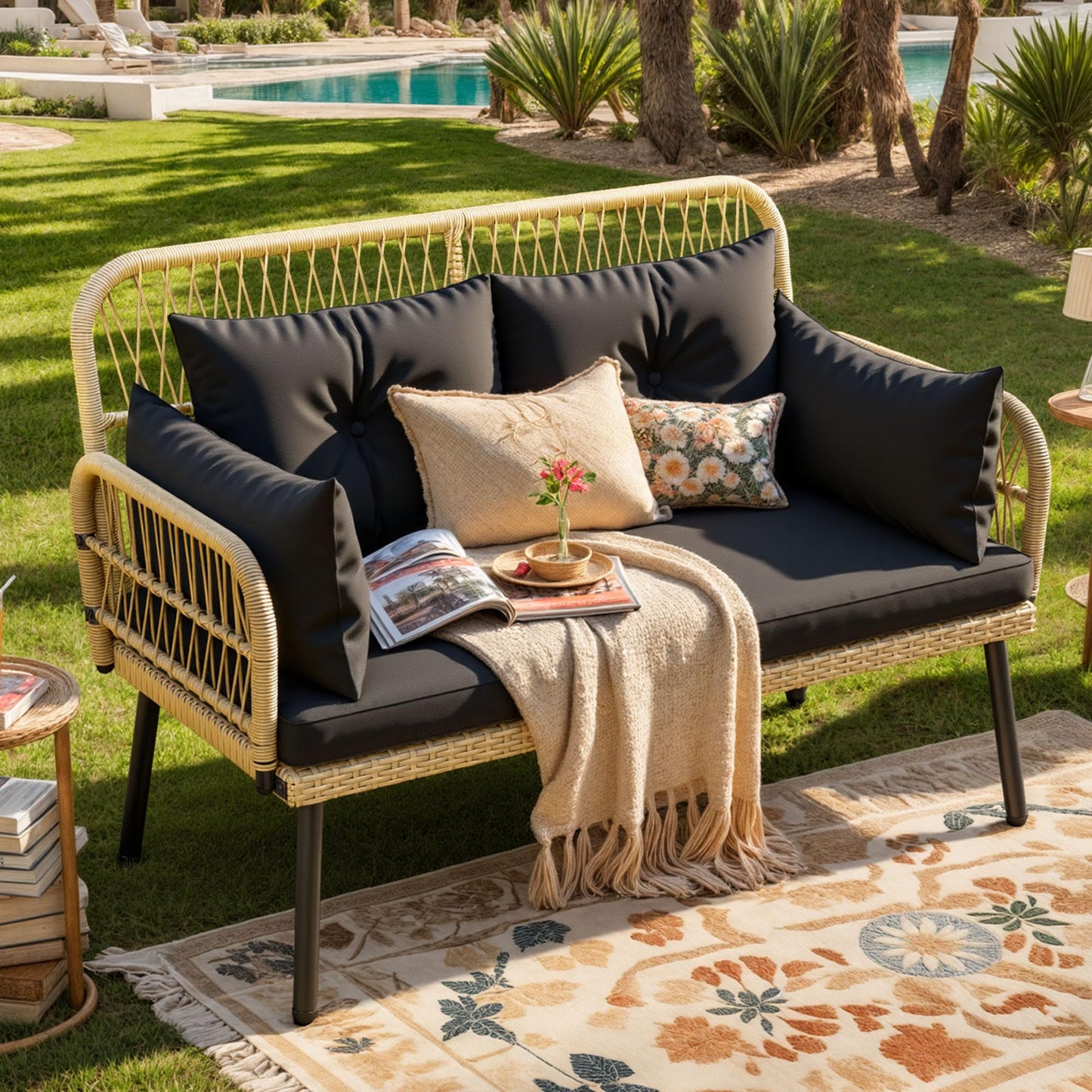 DWVO Outdoor Loveseat, Patio Wicker Furniture Set with Cushion & Adjustable Feet, Patio Couch for Garden, Balcony, and Porch, Black