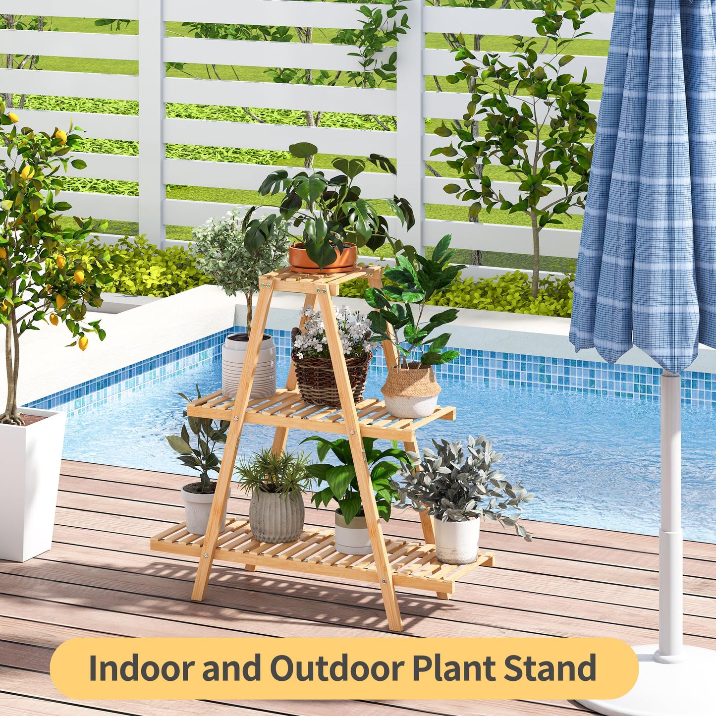 Furshus Bamboo Plant Stand - Indoor/Outdoor 3 Tier Plant Ladder, 8 Potted Flower Holder, Natural