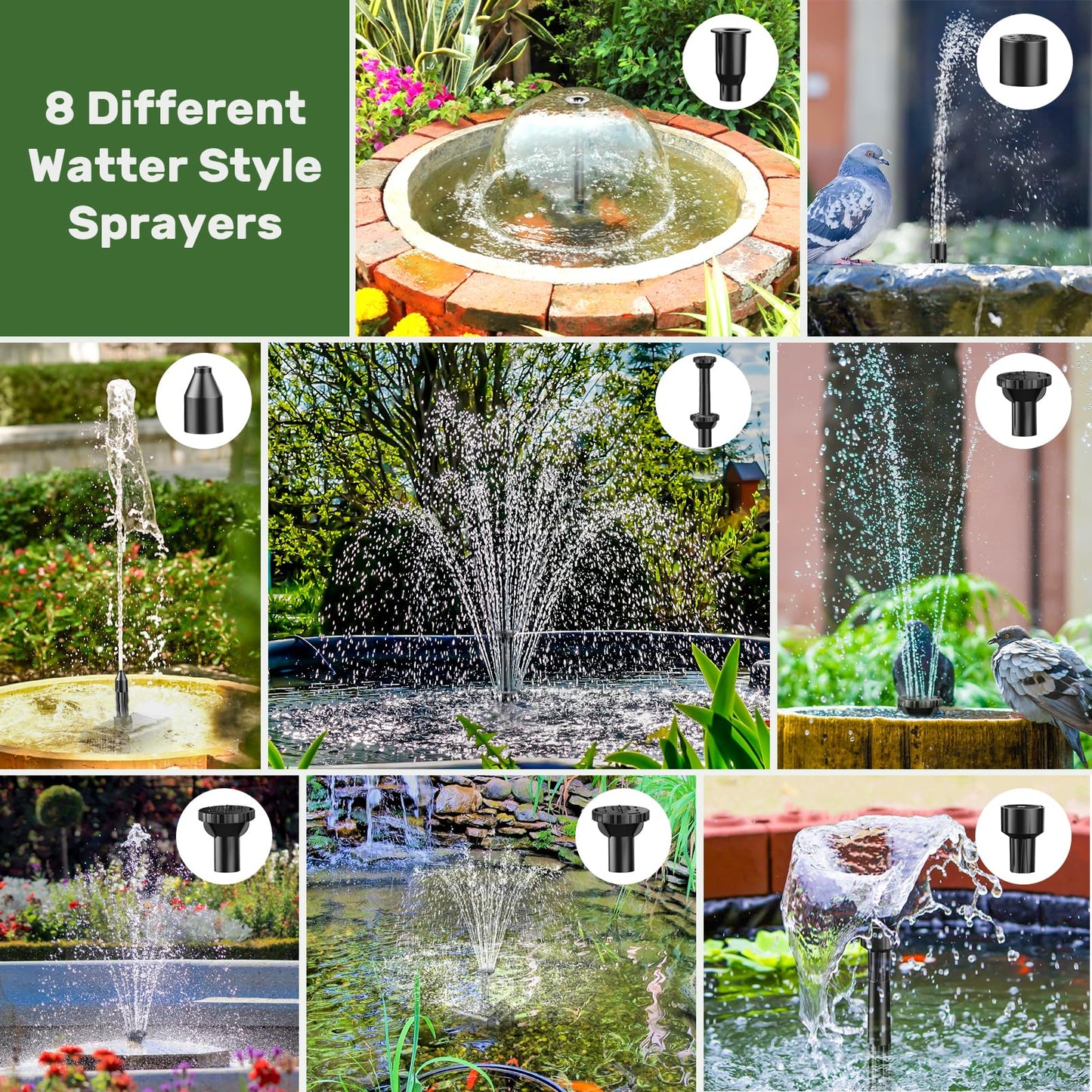 Antfraer 8W Solar Fountain Pump With 3600mAh Battery Backup, Solar Water fountain for Bird Bath with Double-Layer Nozzles & 5Ft PVC Tubing for Bird Bath Small Pond Waterfall DIY Features