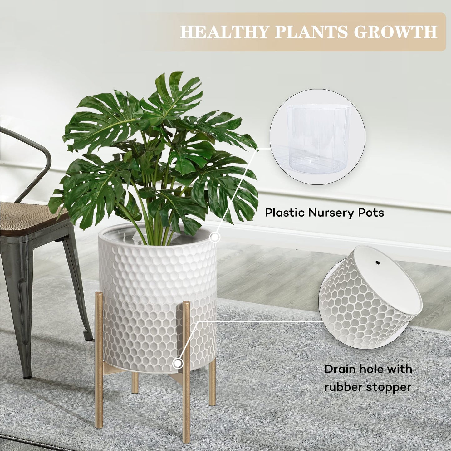 Oakrain Mid Century Planters for Indoor Plants, Set of 2, Modern Decorative Metal Planter Pots for Living Room, Office, Garden or Balcony, Gray and White Gradient Planter with Stand, 8"&10"