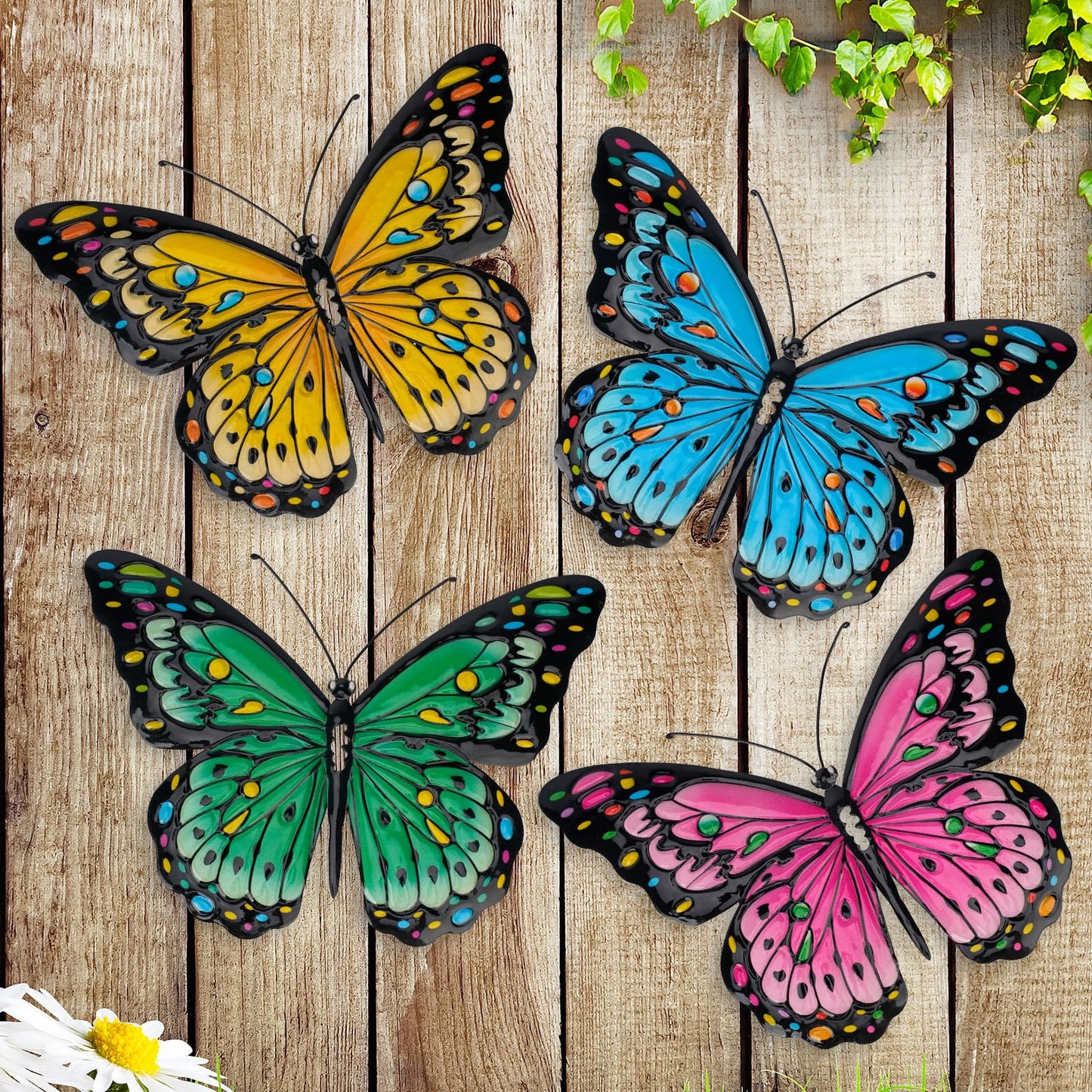 HHUWRUL 4 Pack Metal Butterfly Wall Decor, 9.6-Inch Outdoor Fence Wall Art Decor, Hanging Ornament for Garden, Yard, Living Room, Bedroom