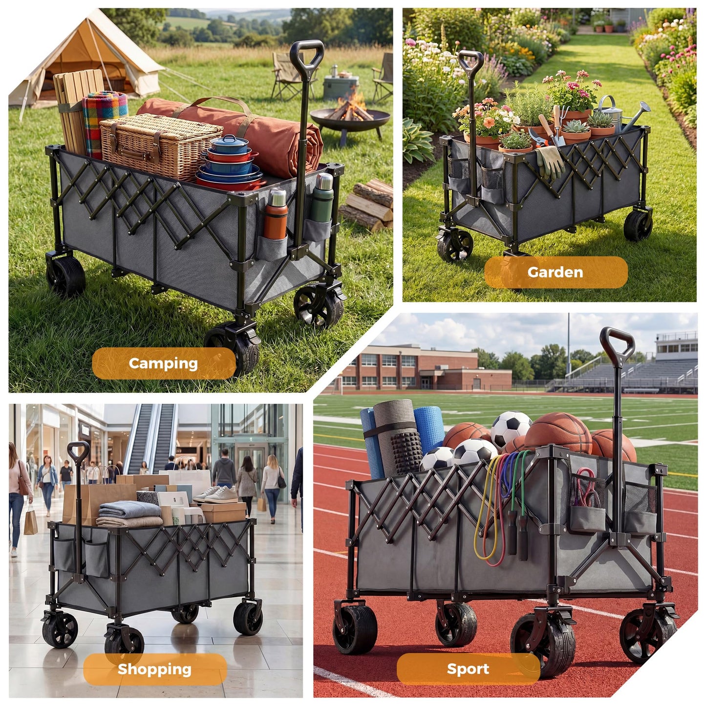 OLIXIS Collapsible Wagon Cart - 440lbs Foldable Extra Long Heavy Duty Utility Wagon with Wheels, Portable Storage Grocery Cart for Camping, Shopping, Sports, Beach, Garden (Grey, 48" L)