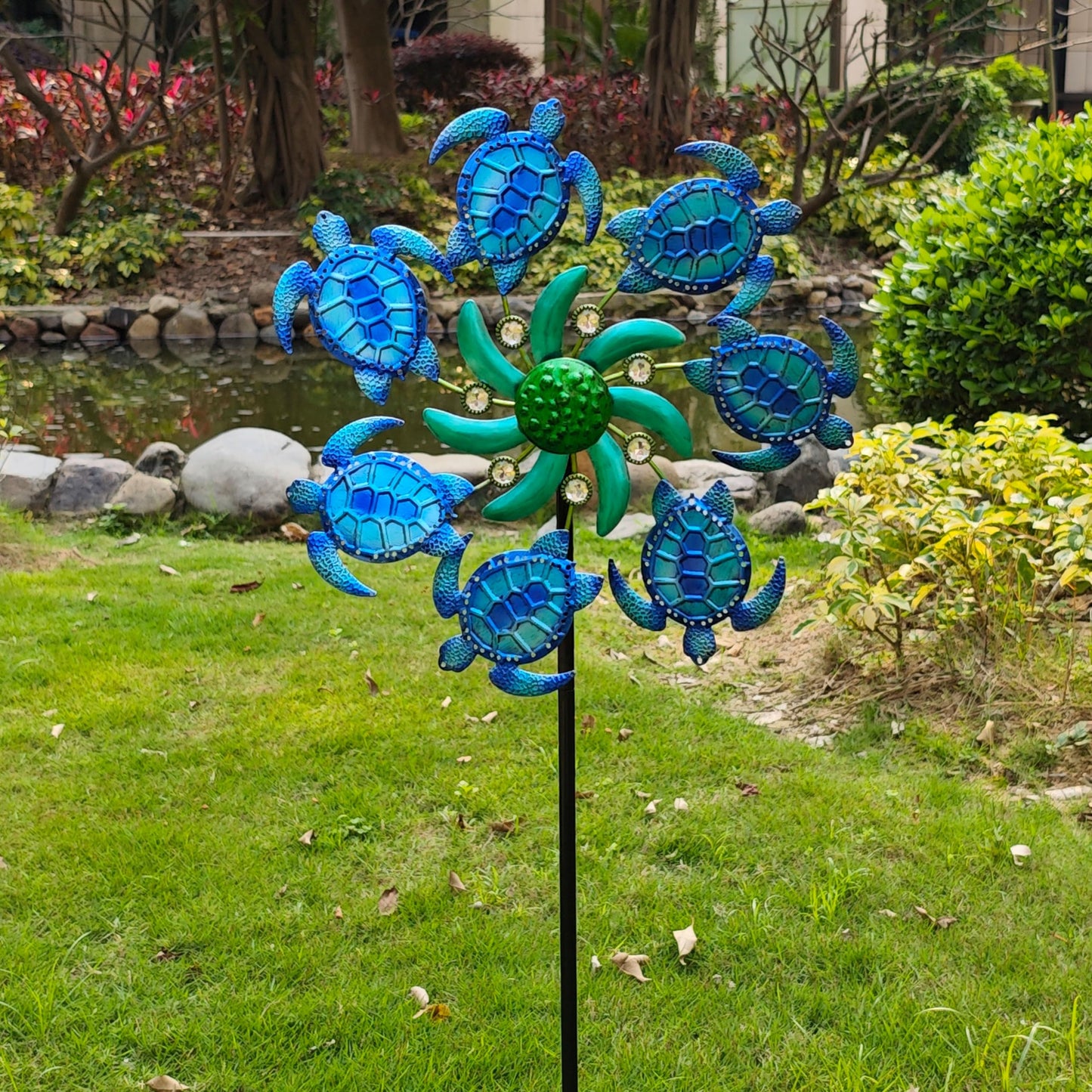 COOZZYHOUR 39" Sea Turtle Wind Spinners Metal Garden Stake-Outdoor Ocean Theme Wind Spinners -Wind Sculpture Yard Art Decorations for Patio,Lawn & Garden Decor-Blue
