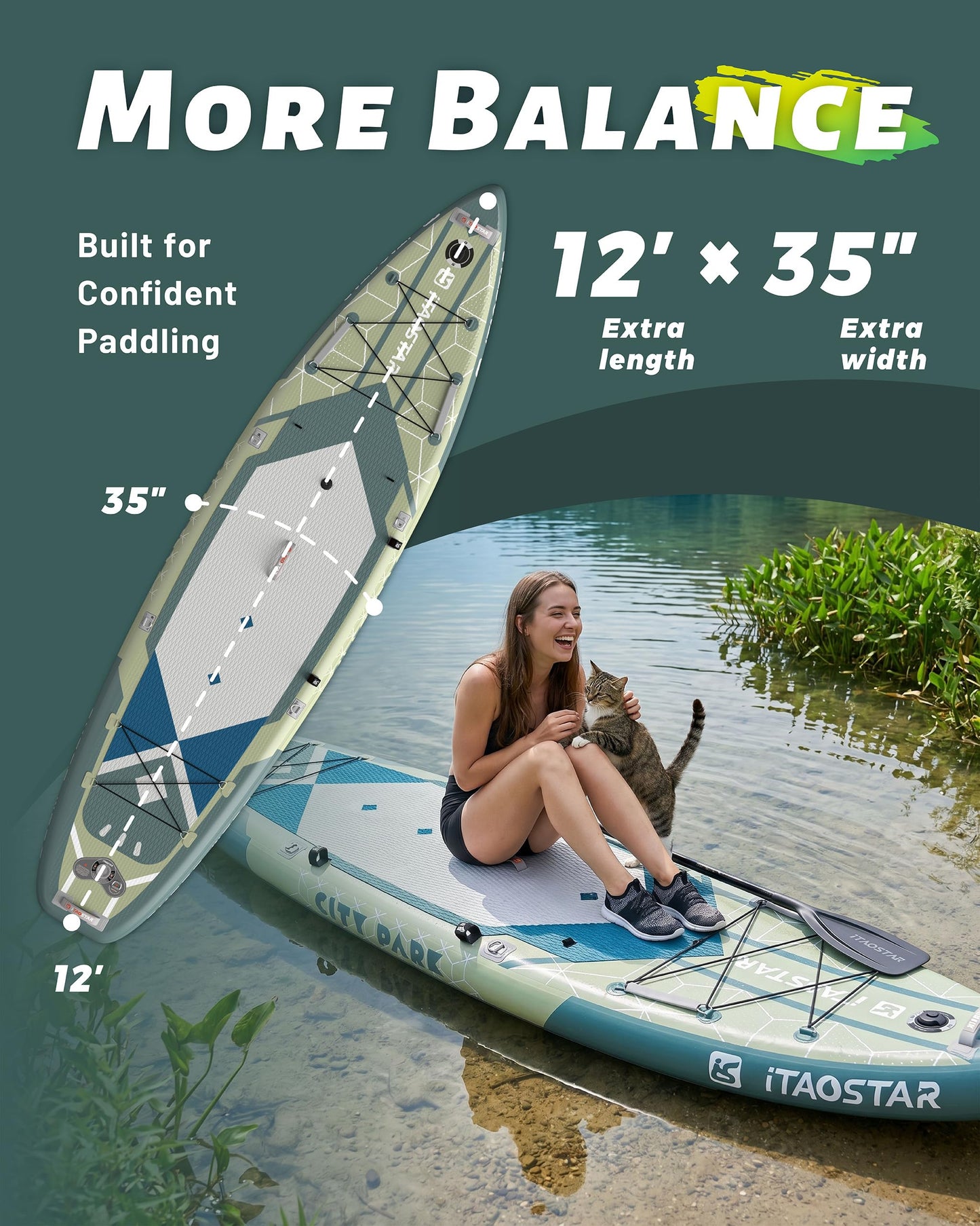 iTAOSTAR C03B 35" Super Wide Paddle Board, More Fun Inflatable Paddle Board with 5 Fins，12 Foot Stand Up Paddle Board with Premium SUP Accessories for Adults of All Skill Levels