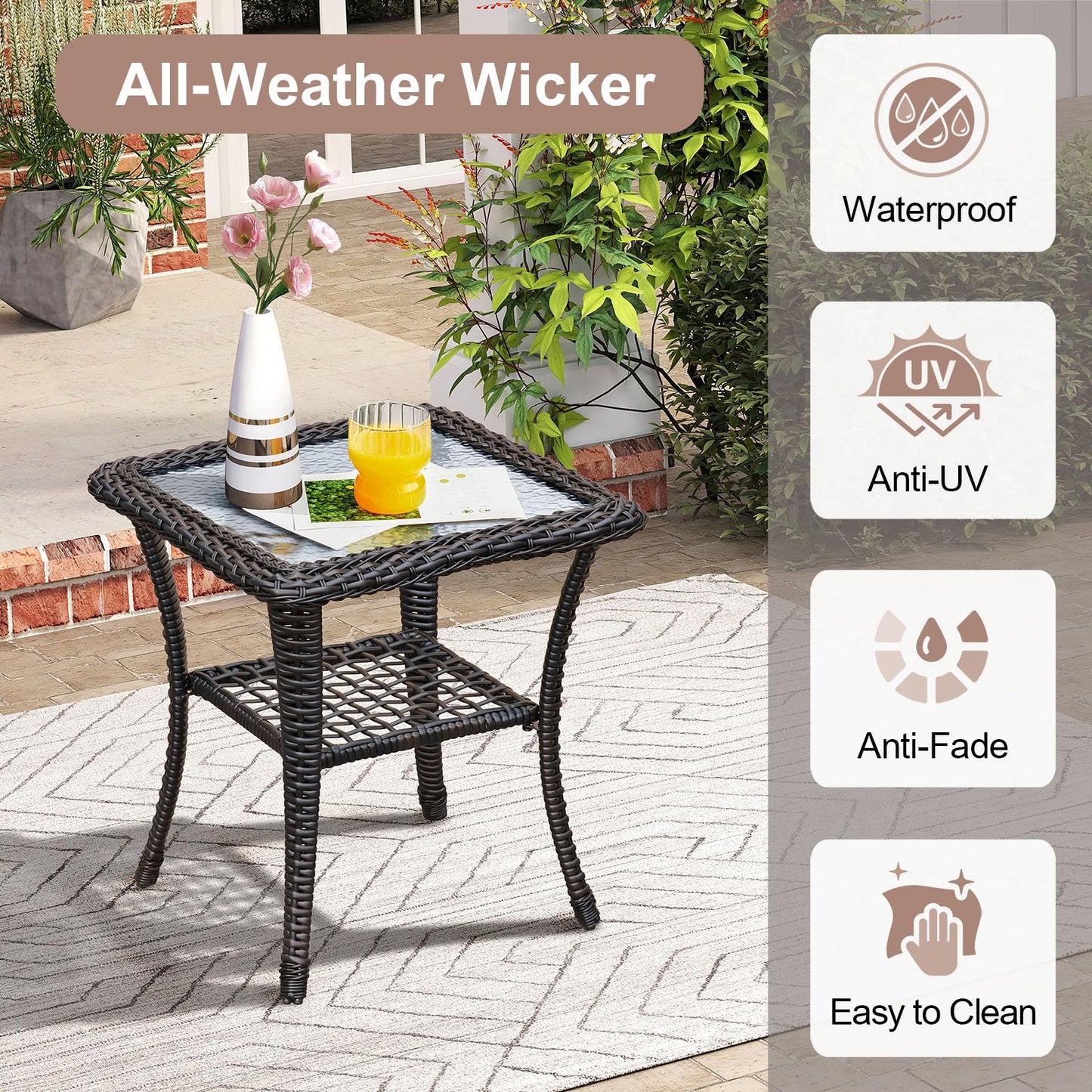 BABYLON Indoor Outdoor Coffee Table, All-Weather Wicker Tempered Glass Top Side Table, Indoor Outdoor Patio End Table with Storage Space, 20''x 20''x20''
