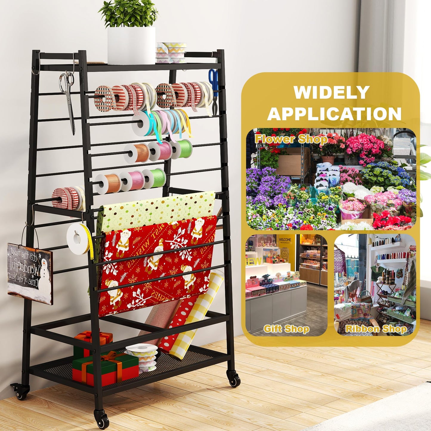 yeshine Ribbon Organizer for Craft Room, Rolling Ribbon Holder, Double-Sided Ribbon Holder Organizer Rack, Metal Craft Christmas Gift Wrapping Paper Holder, Large Capacity Ribbon Storage Rack