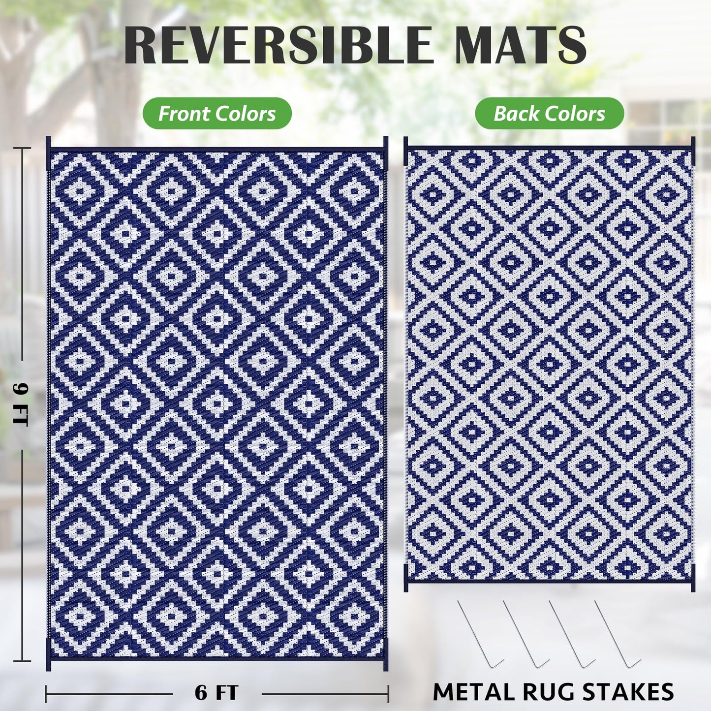 Mattitude Waterproof Outdoor Rug 6x9 Ft Outdoor Plastic Straw Rug Reversible Patio Rug Large Outdoor Carpet Area Rug for Patio Backyard Picnic Beach Camping RV Blue