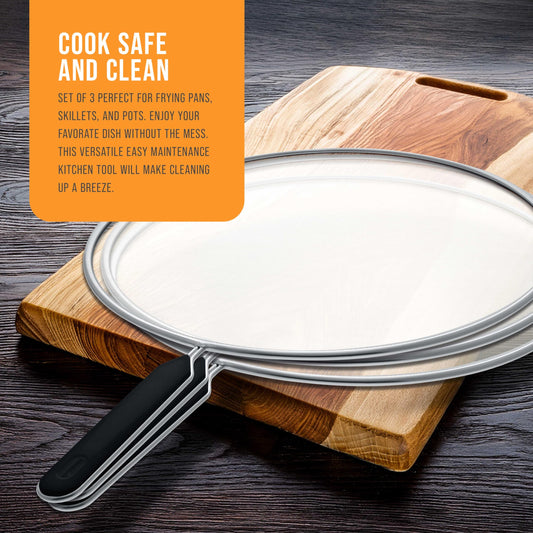 U.S. Kitchen Supply 3-Piece Stainless Steel Splatter Guard Set 13" Fine Mesh Cover, Grease & Oil, Splatter Screen for Frying Pan, Cooking Pots, with Comfort Grip Handles
