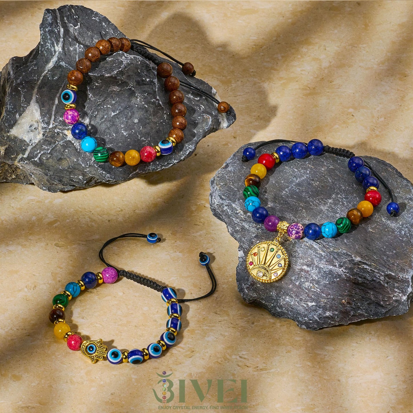 Bivei Evil Eye Bracelet Natural Semi Precious Gemstone Beads 7 Chakra Crystal Stone Beaded Adjustable Braided Bracelets for Women Men Yoga Meditation(Evil Eye)