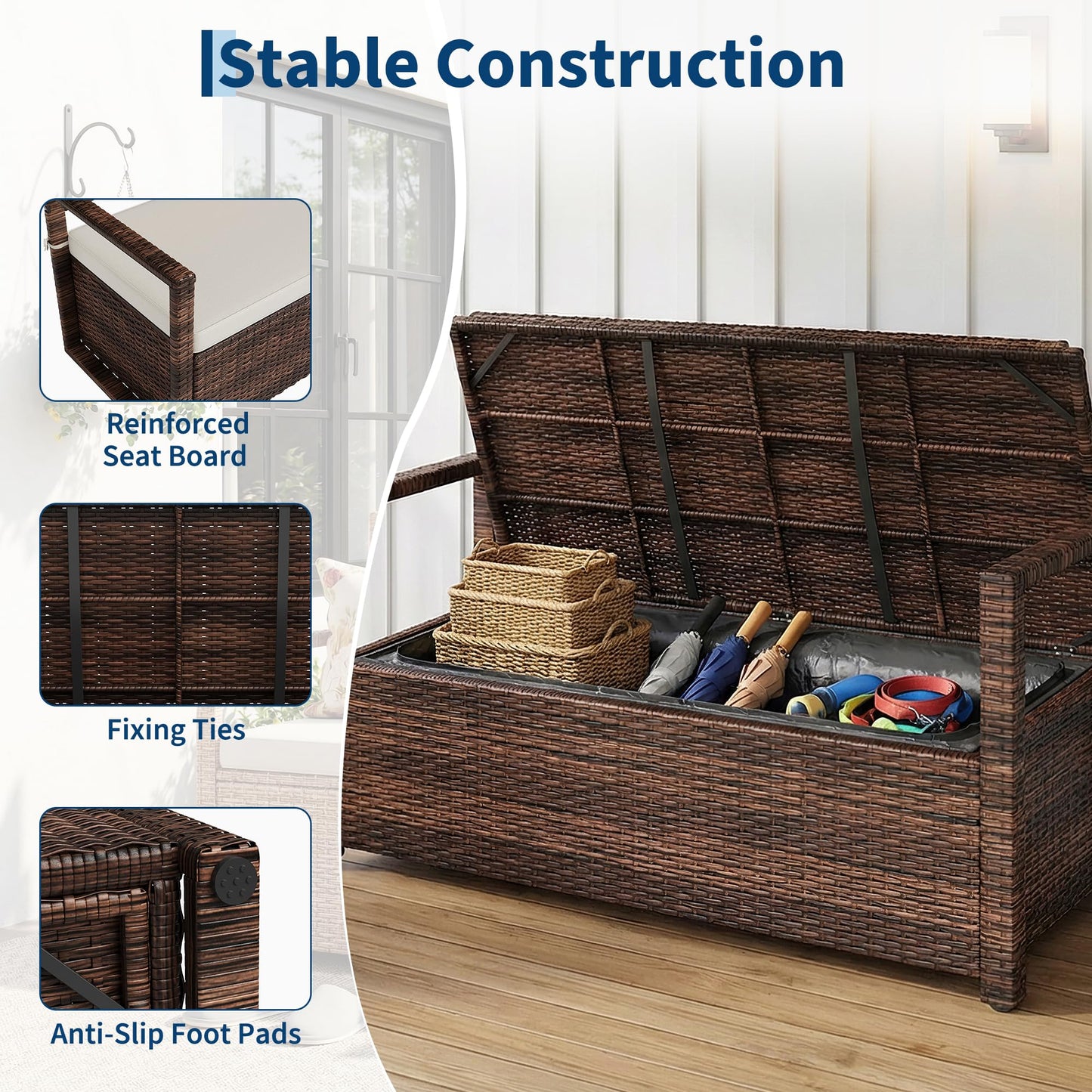 75 Gallon Outdoor Storage Bench, All-Weather PE Rattan Deck Box with Seat, Wicker Patio Furniture for Cushions, Garden Tools, Pool Accessories, Water-Resistant and Durable (Brown White)