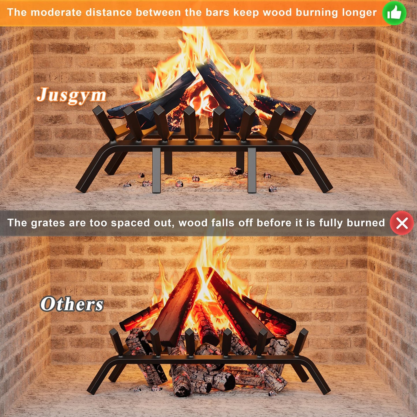 Jusgym Fireplace Grate 24 Inch with 8 Support Legs, Solid Steel Heavy Duty Fireplace Log Holder with Fire Log Tongs & Fire Poker, Fireplace Log Grate for Indoor Fireplace and Outdoor In-ground Firepit