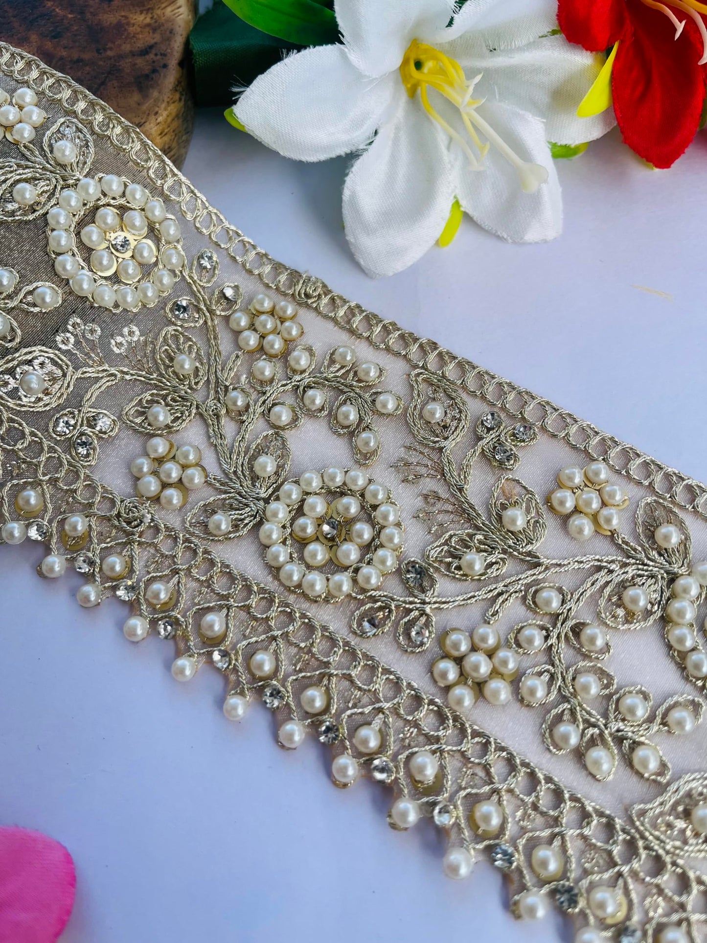 Luxury Pearl Embellished Lace Trim, 3 Inch Wide, Beaded Floral Pattern, Champagne Gold with Faux Pearls, Wedding Dress Decoration, Available in 1, 3 and 6 Yard (1)