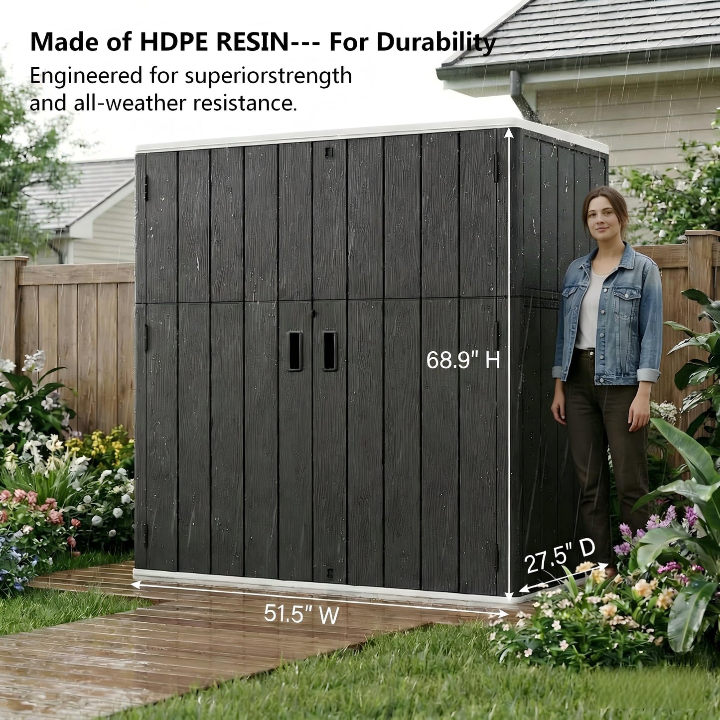 Outdoor Storage Shed 57 Cu.ft Weatherproof Resin Storage Cabinet with Floor, Lockable Vertical Shed for Garden Tools, Lawn Mower, Pool Equipment & Organization – Shelves Not Included