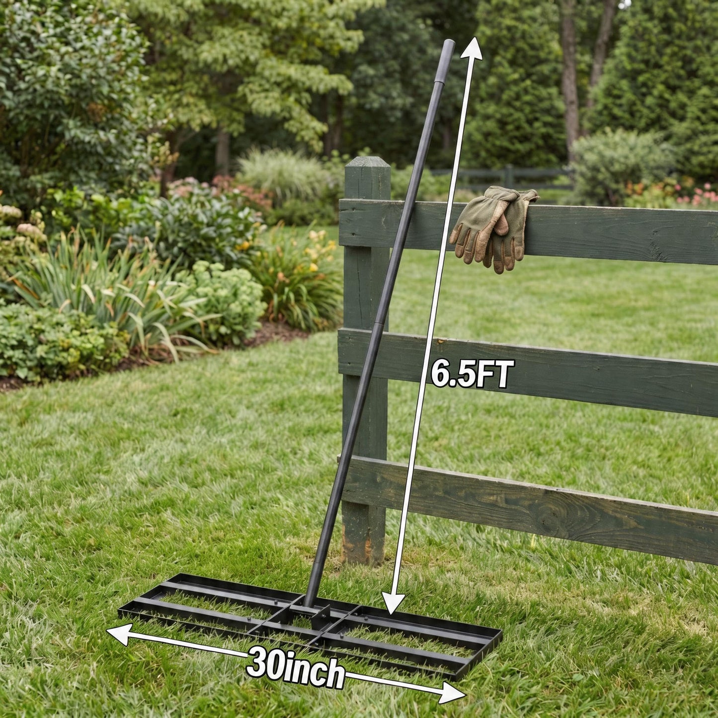 Lawn Leveling Rake - 30x10 Leveling Rake for Soil, Heavy Duty Yard Leveling Rake with 6.5FT Extra Long Handle, 2mm Thickened Stainless Steel Lawn Leveler, Landscape Tool for Dirt and Sand, with Gloves