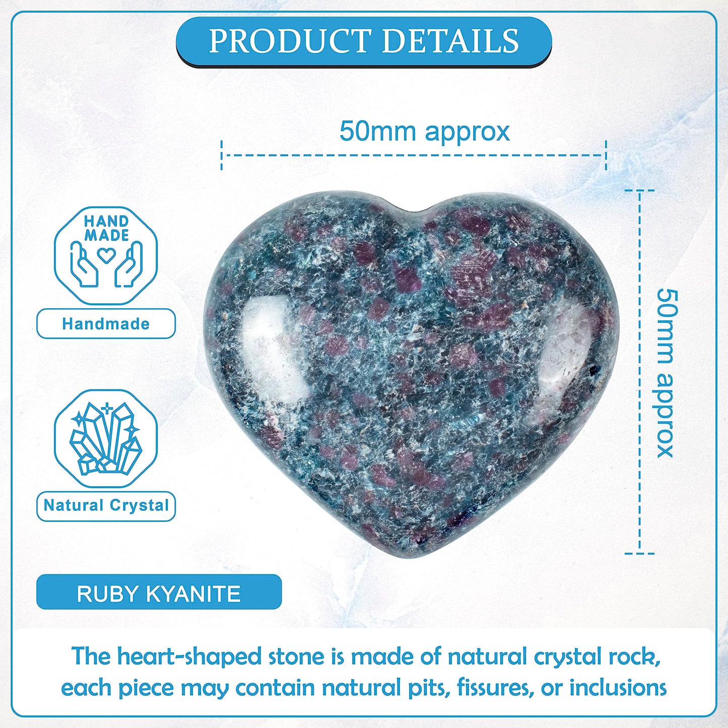 Crocon 50mm Ruby Kyanite Heart Stone Big Heart Shape Puff Stones Set 450+ Carats Pocket Crystal Healing Tumble Collection Palm Stone Good Luck Charm Meditation Gift Craft Home Decor
