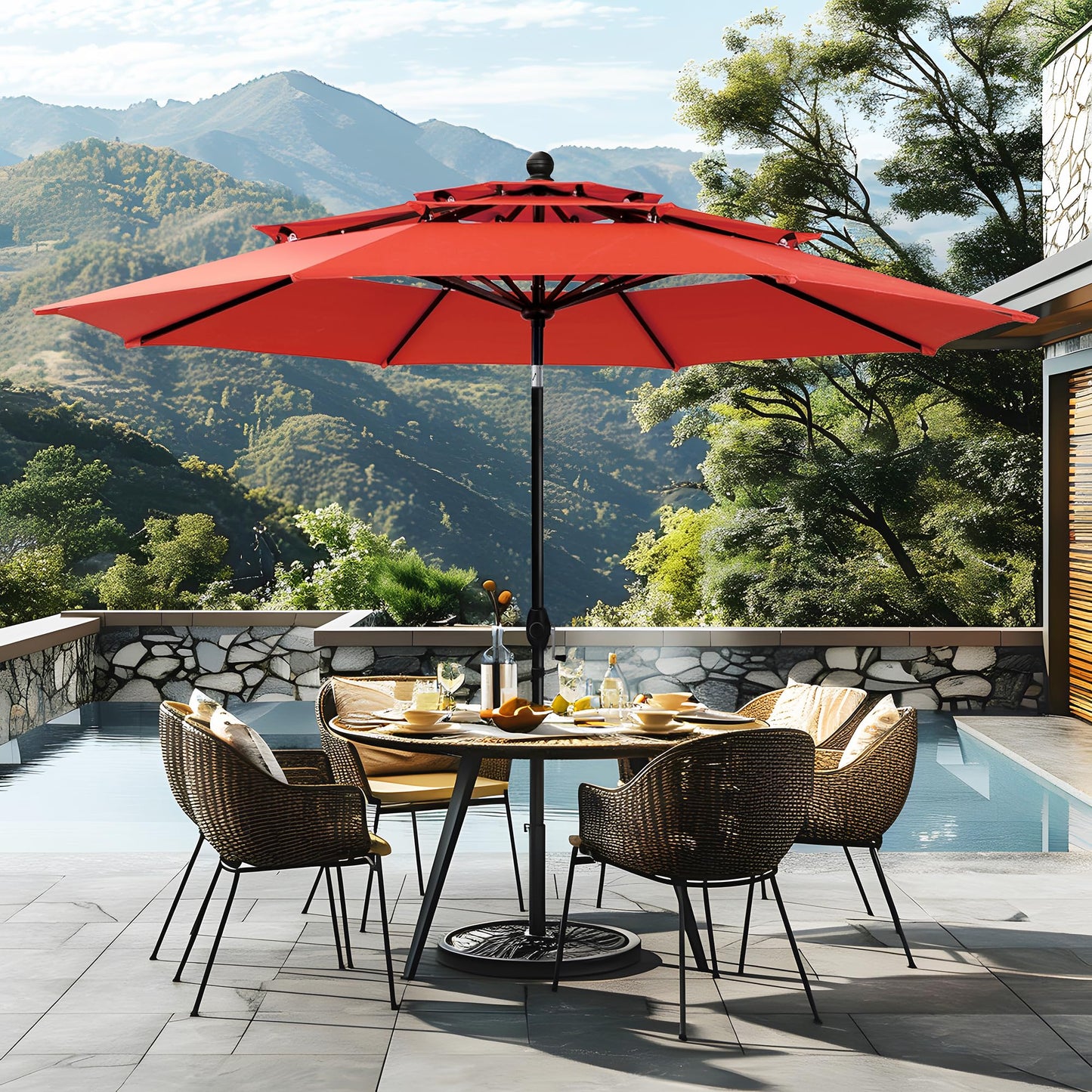 Sophia & William 10ft 3 Tier Auto-tilt Patio Umbrella,Wind Resistent,Outdoor Patio Umbrellas Double Vented Umbrella with Crank for Pool Garden Backyard, Red