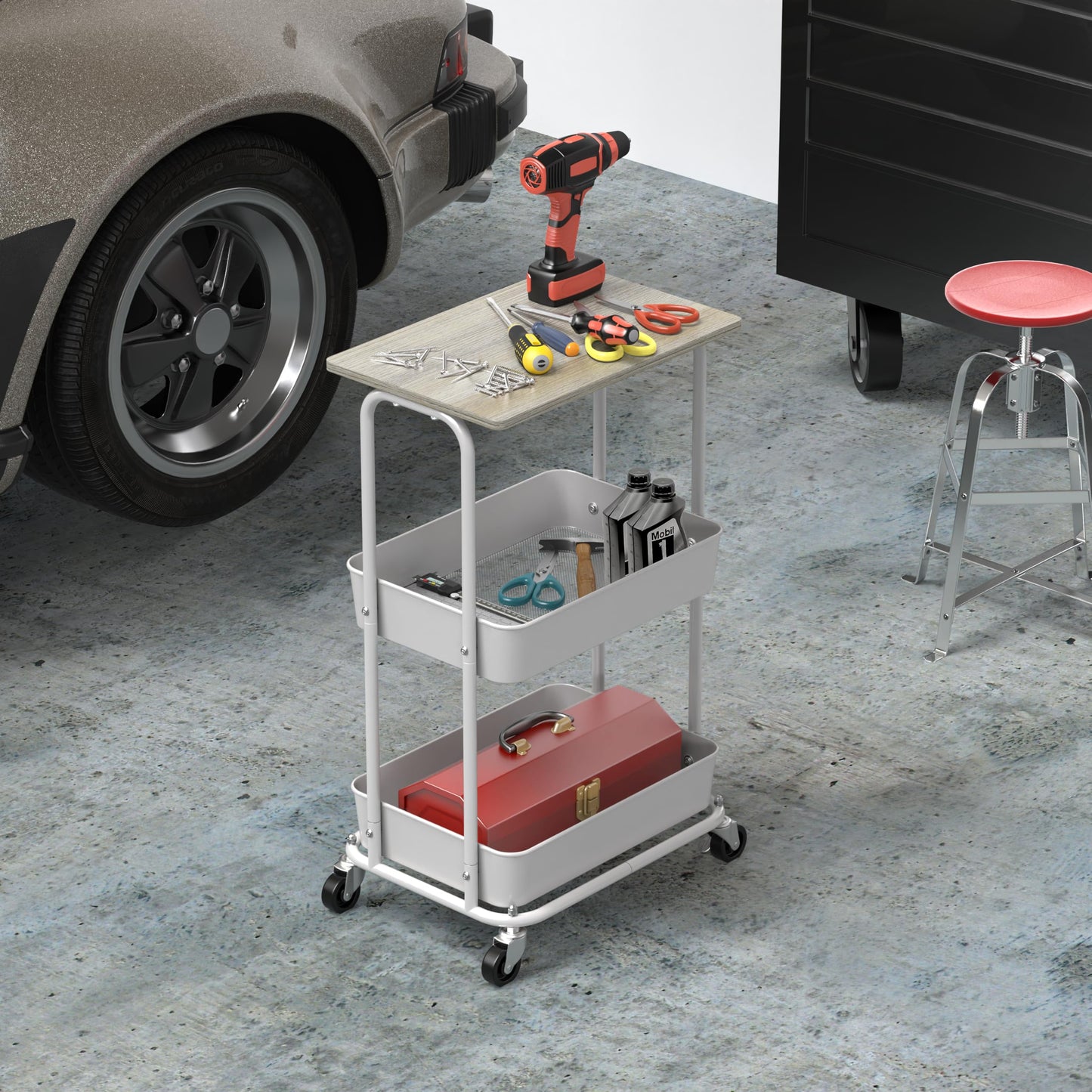 Simple Houseware 2-Tier Rolling Utility Cart with Lockable Wheels and Wood Top, Metal Storage Organizer Trolley for Kitchen, Bathroom, Office, Craft Room, Maple
