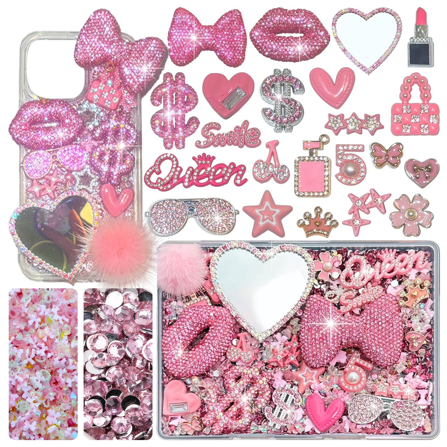 Gehaiwo Pink Junk Case Charms Kit, Junks Phone Cases with Rhinestone Accessories and Full Diamond Bow Lips Dollar Sign Pom Resin Kits Mirror with DIY Phones Decorations